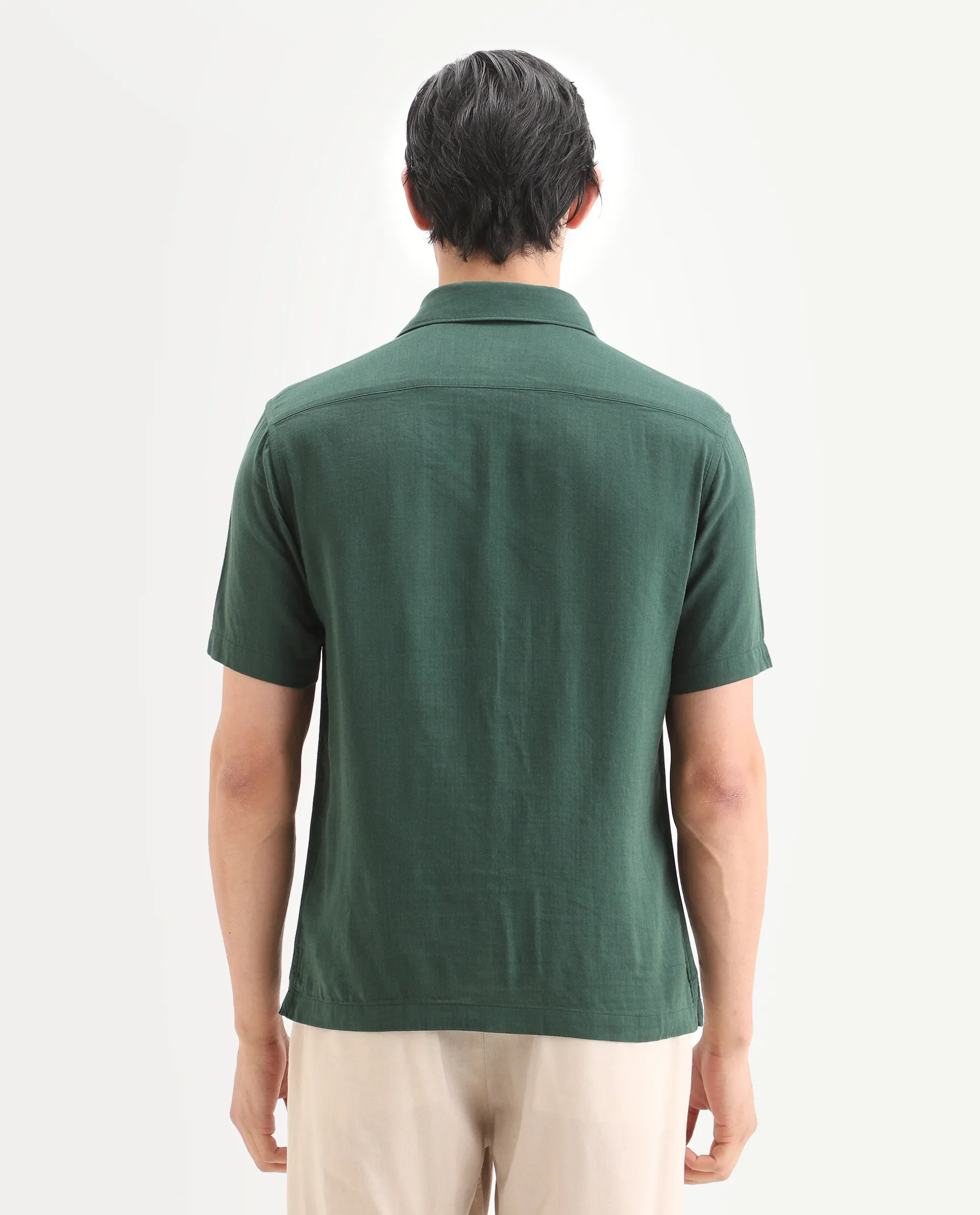 Rare Rabbit Men's Layerr Ss Green Cotton Blend Plain Boxy Fit Full Sleeve Collared Shirt - Image 7