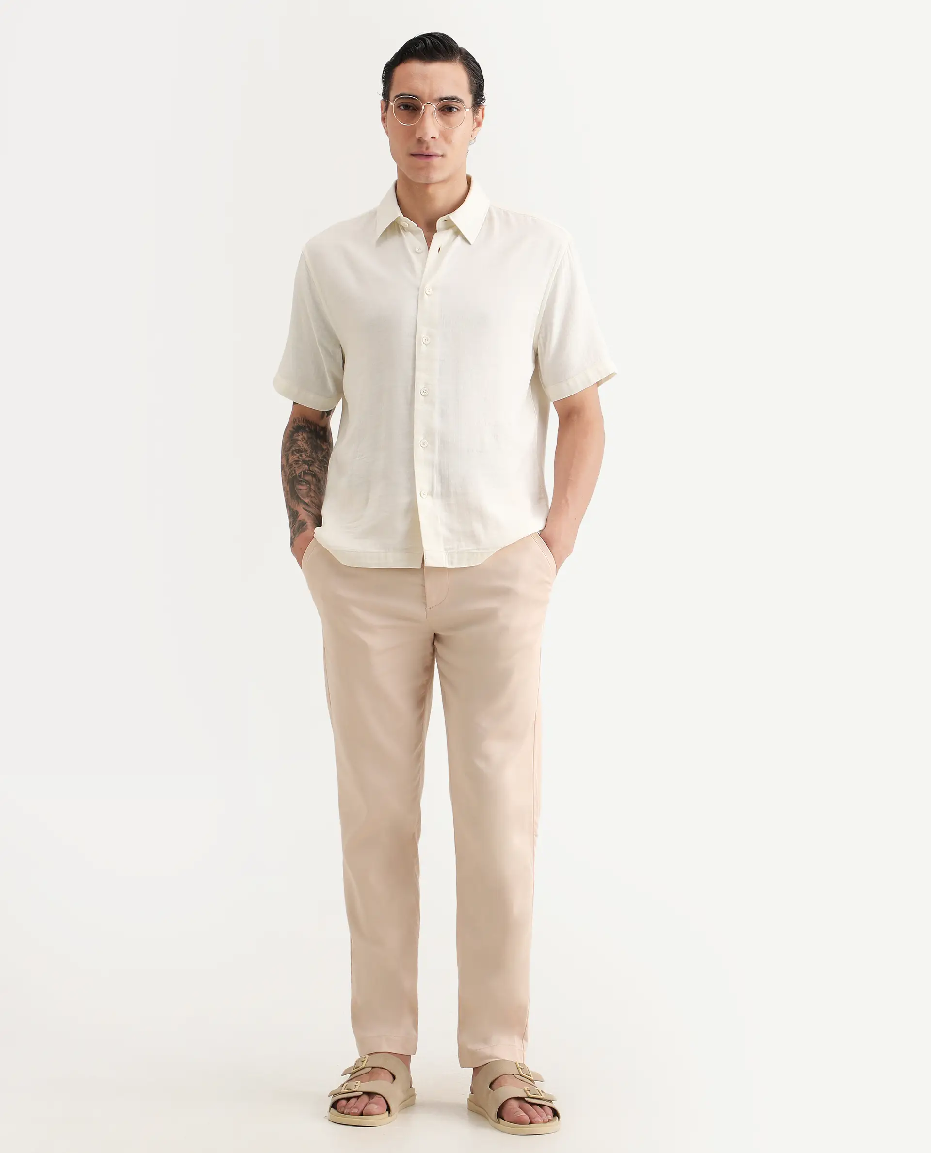 Rare Rabbit Men's Layerr Ss Light Beige Cotton Blend Plain Boxy Fit Full Sleeve Collared Shirt - Image 2