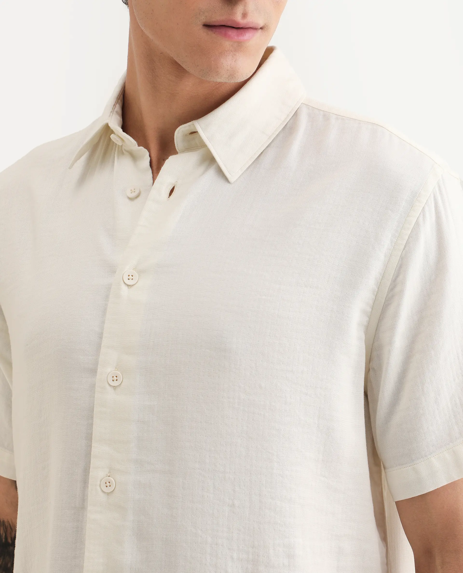 Rare Rabbit Men's Layerr Ss Light Beige Cotton Blend Plain Boxy Fit Full Sleeve Collared Shirt - Image 3