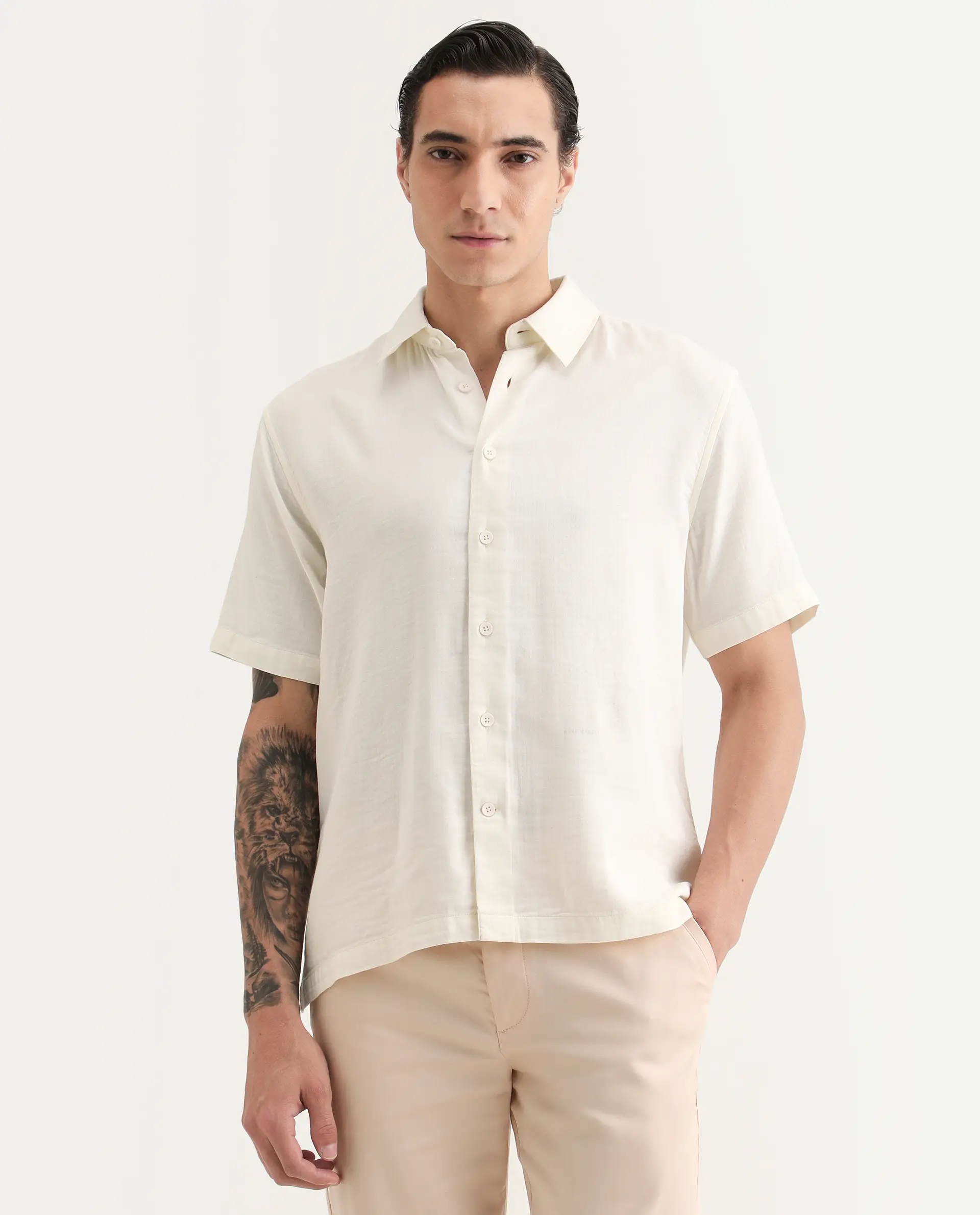 Rare Rabbit Men's Layerr Ss Light Beige Cotton Blend Plain Boxy Fit Full Sleeve Collared Shirt - Image 4
