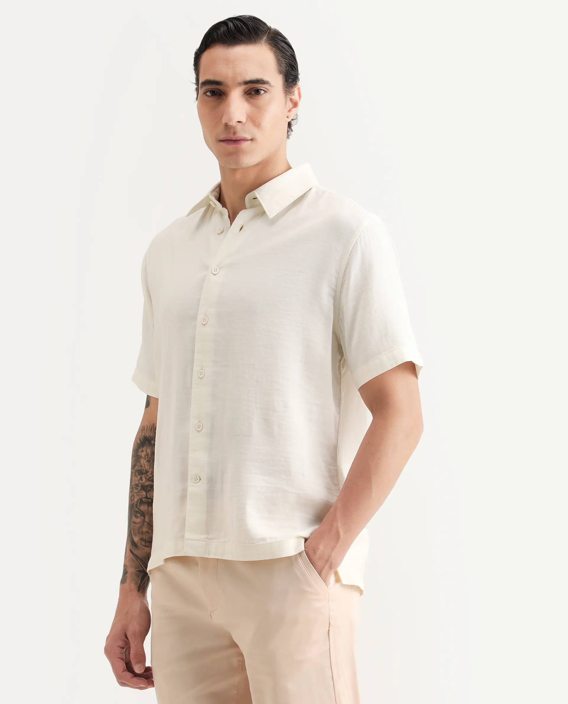 Rare Rabbit Men's Layerr Ss Light Beige Cotton Blend Plain Boxy Fit Full Sleeve Collared Shirt - Image 5