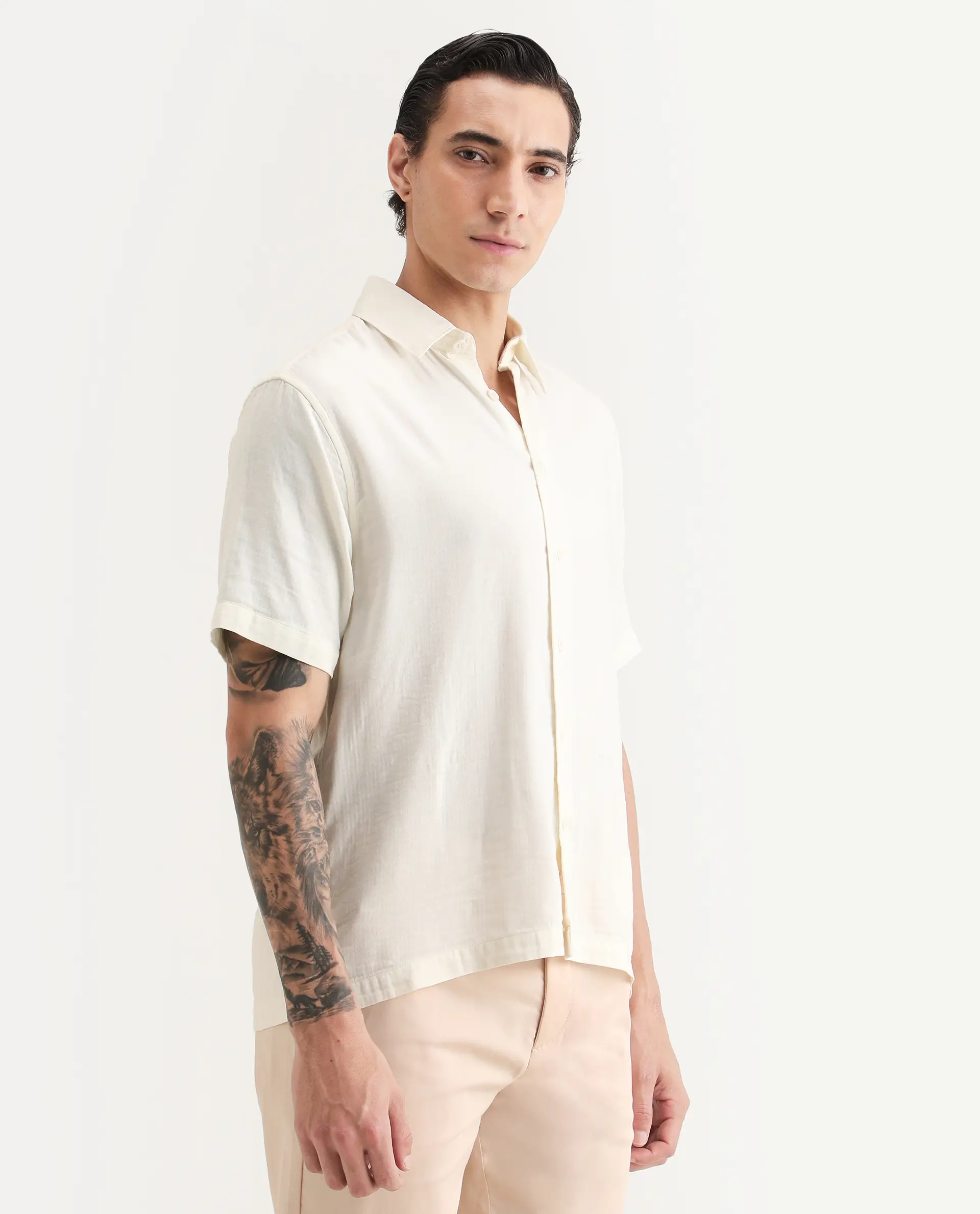 Rare Rabbit Men's Layerr Ss Light Beige Cotton Blend Plain Boxy Fit Full Sleeve Collared Shirt - Image 6