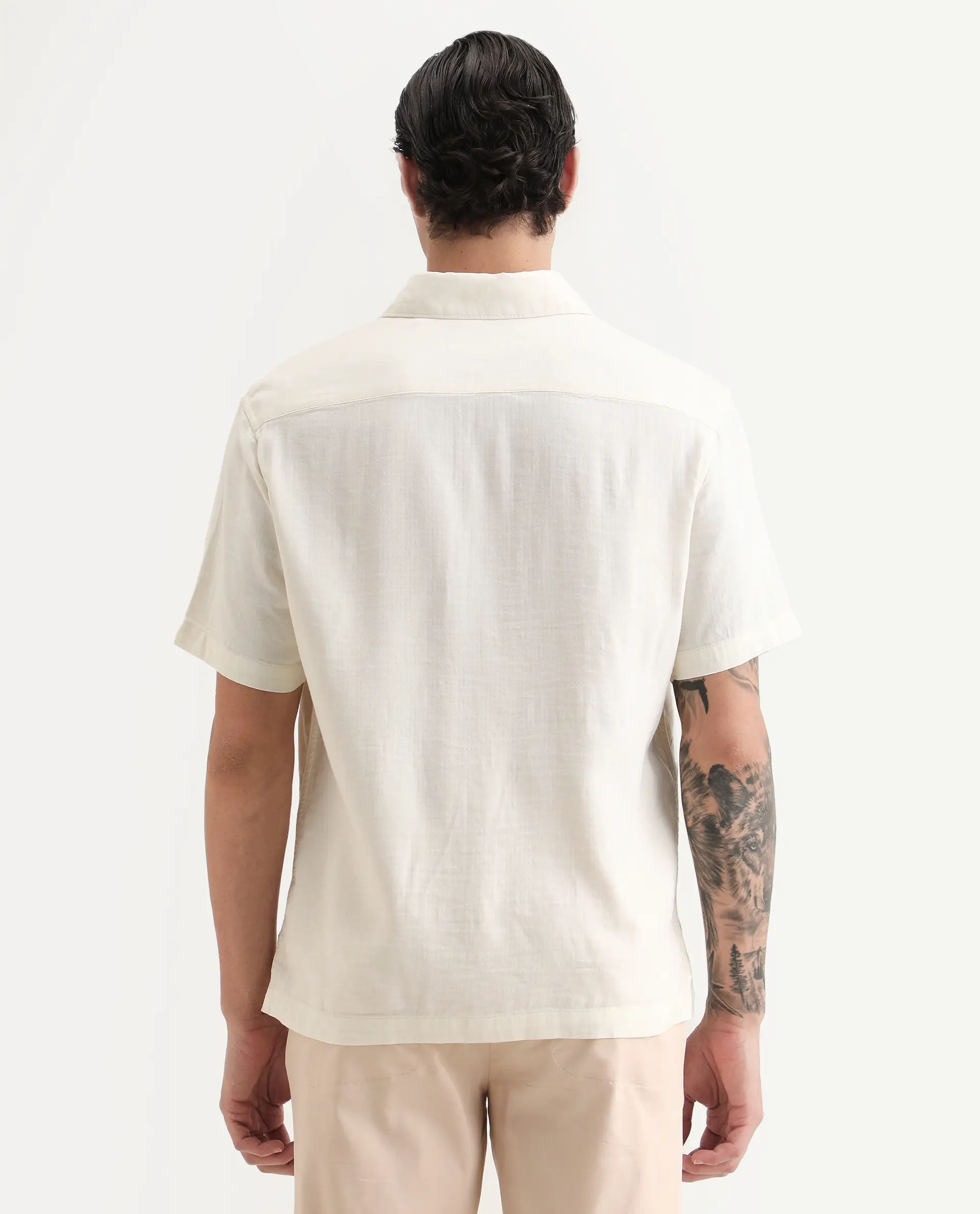 Rare Rabbit Men's Layerr Ss Light Beige Cotton Blend Plain Boxy Fit Full Sleeve Collared Shirt - Image 7