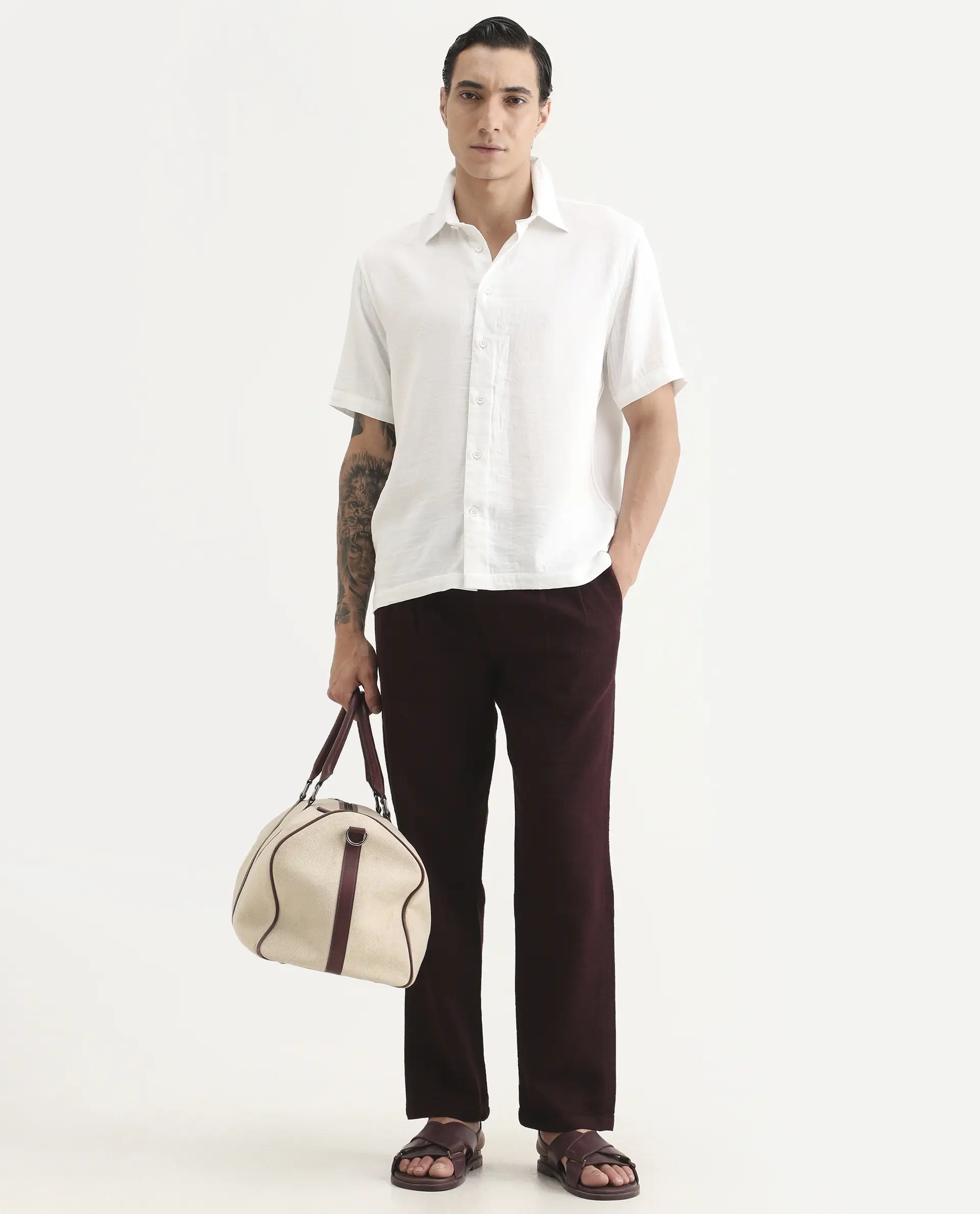 Rare Rabbit Men's Layerr Ss White Cotton Blend Plain Boxy Fit Full Sleeve Collared Shirt - Image 2