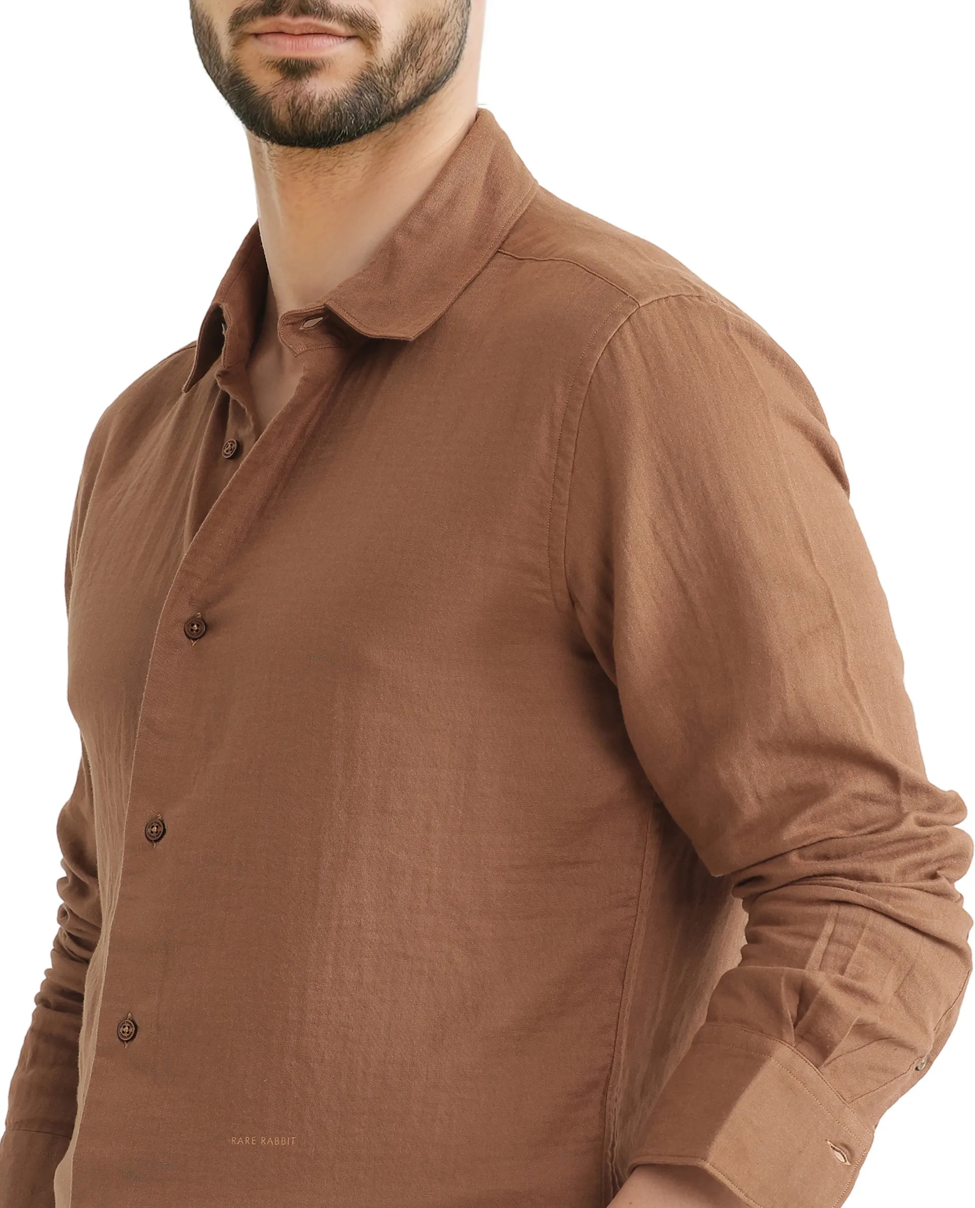 Rare Rabbit Men's Layerr Ls 25 Brown Cotton Plain Regular Fit Full Sleeve Collared Shirt - Image 3