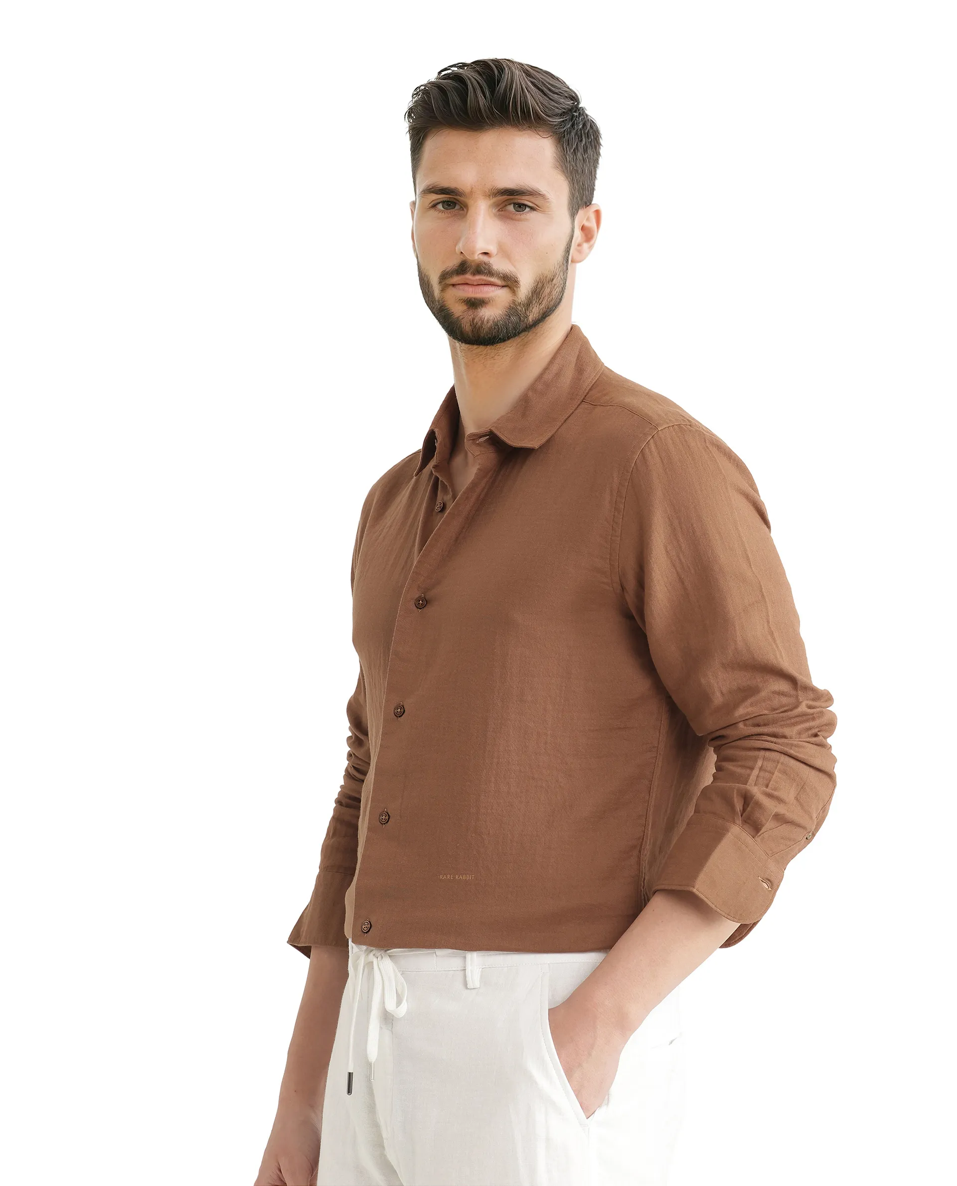 Rare Rabbit Men's Layerr Ls 25 Brown Cotton Plain Regular Fit Full Sleeve Collared Shirt - Image 6