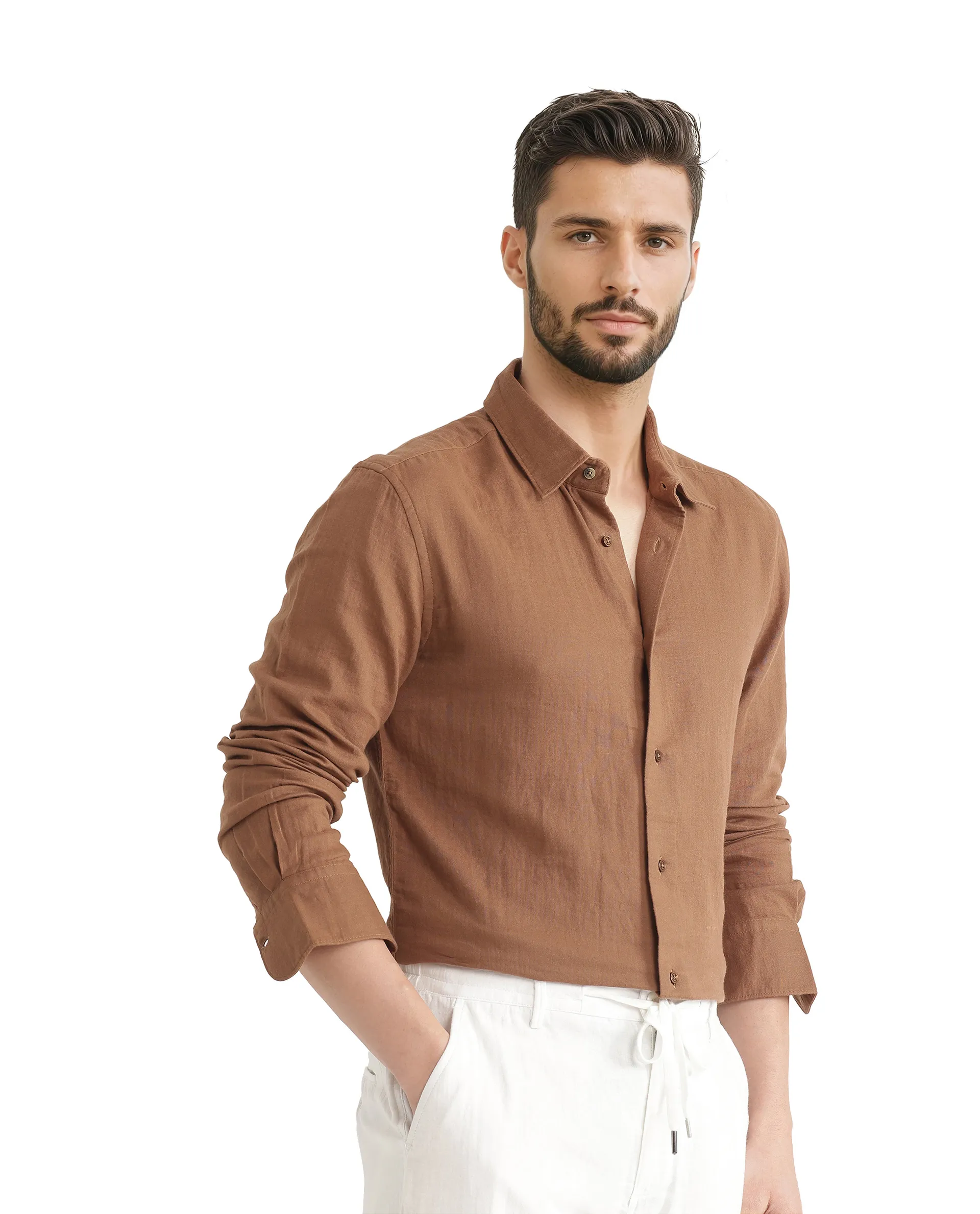 Rare Rabbit Men's Layerr Ls 25 Brown Cotton Plain Regular Fit Full Sleeve Collared Shirt - Image 7