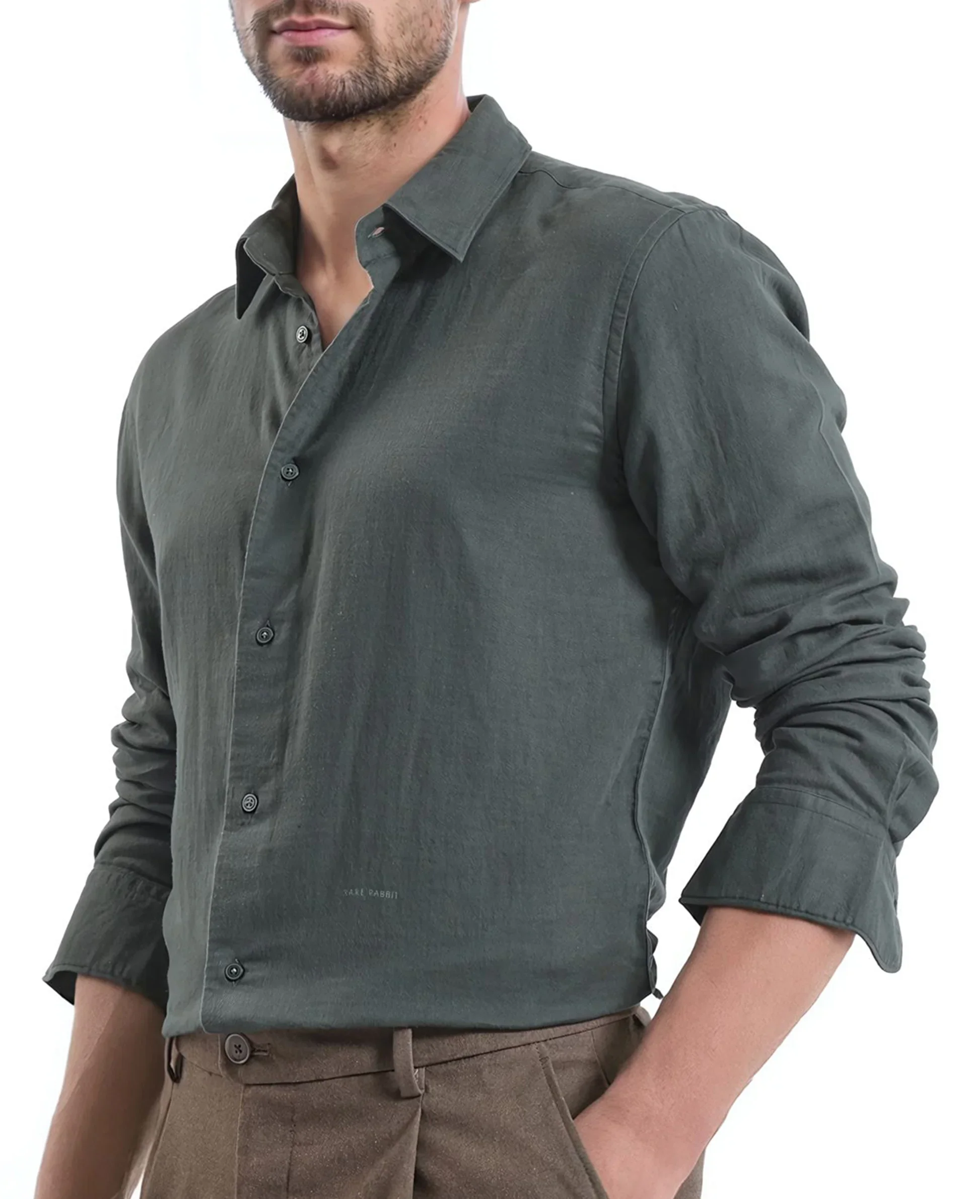 Rare Rabbit Men's Layerr Ls-25 Dark Green Cotton Plain Regular Fit Full Sleeve Collared Shirt - Image 3