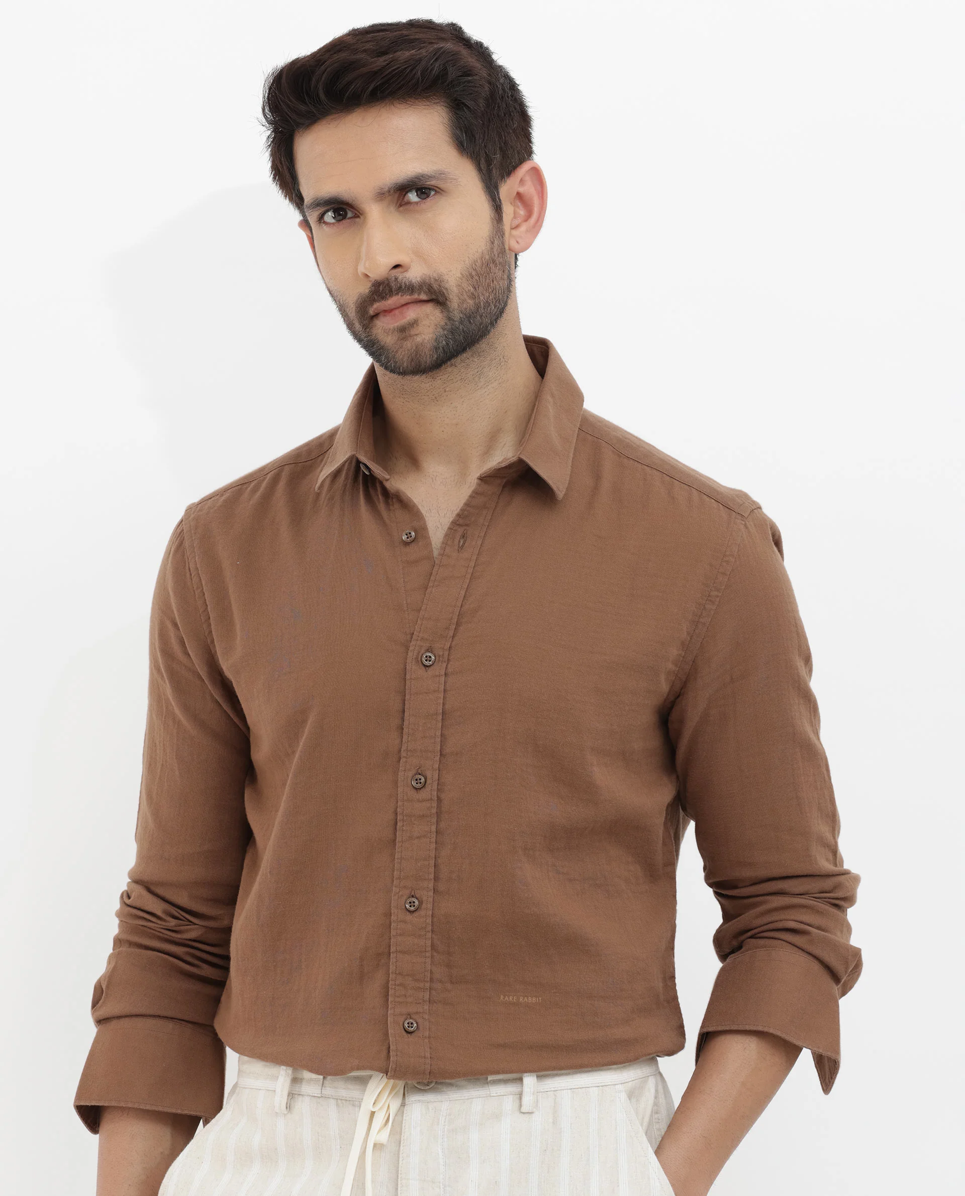 Rare Rabbit Men's Layerr Brown Cotton Plain Regular Fit Full Sleeve Collared Shirt - Image 3