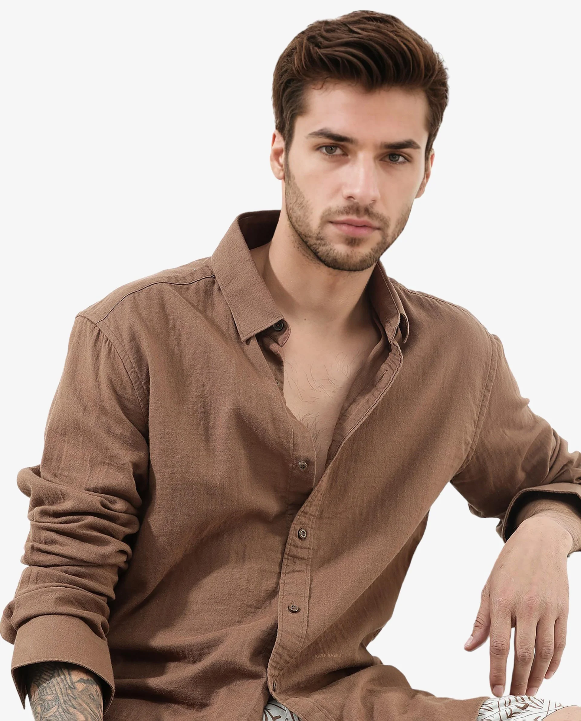 Rare Rabbit Men's Layerr Brown Cotton Plain Regular Fit Full Sleeve Collared Shirt - Image 9