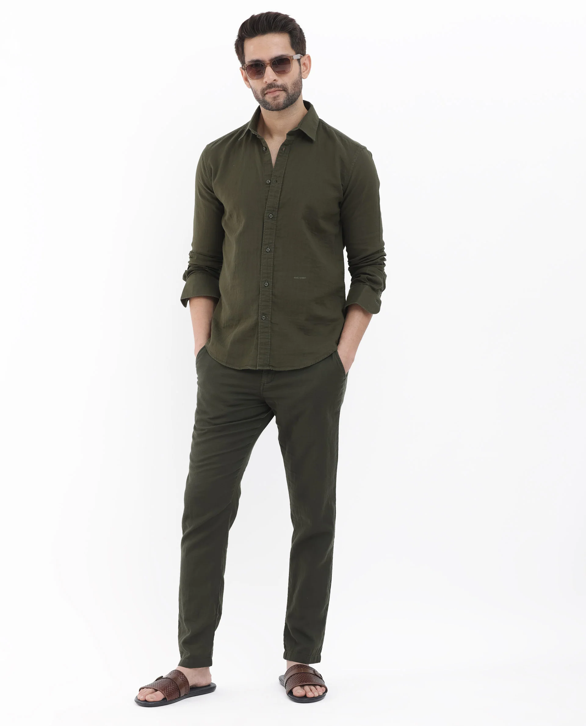 Rare Rabbit Men's Layerr Olive Cotton Plain Regular Fit Full Sleeve Collared Shirt - Image 2