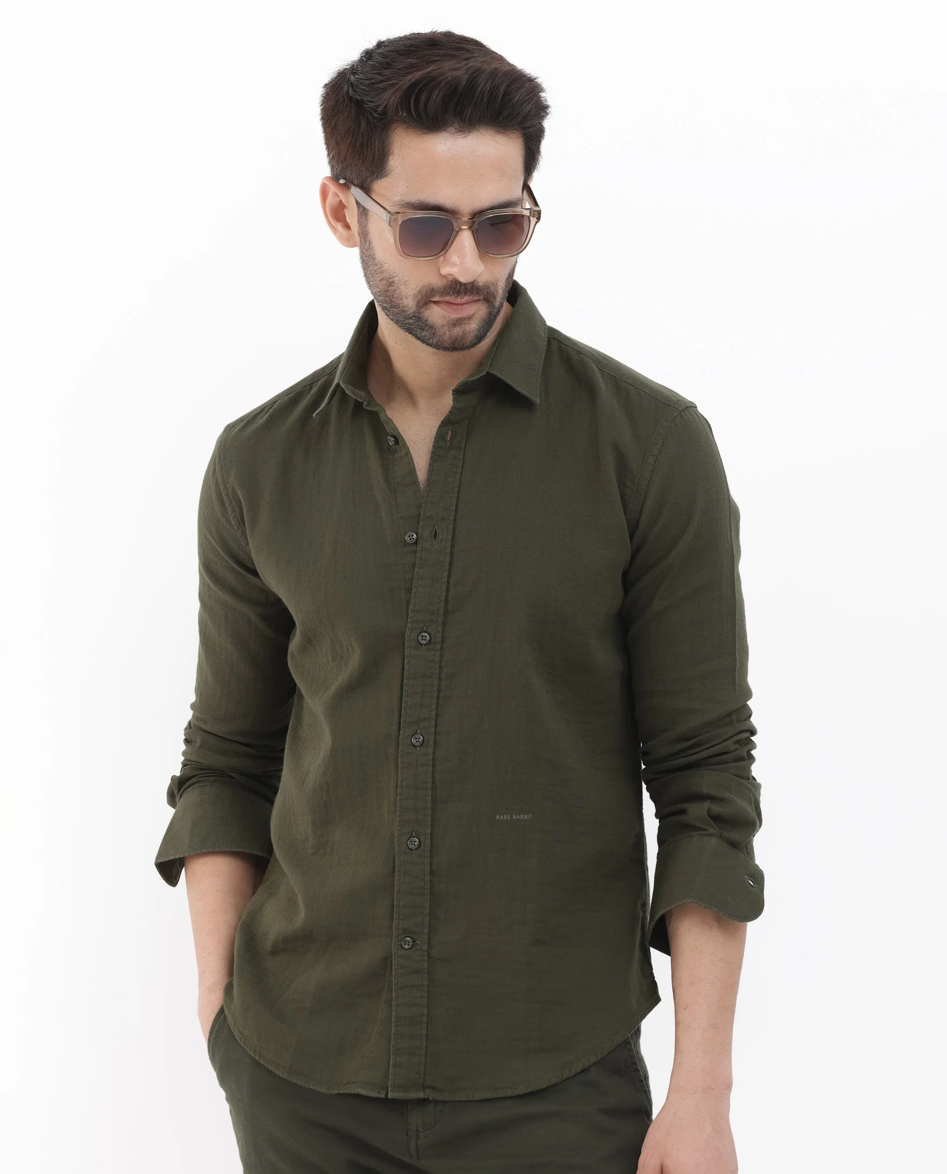 Rare Rabbit Men's Layerr Olive Cotton Plain Regular Fit Full Sleeve Collared Shirt - Image 6