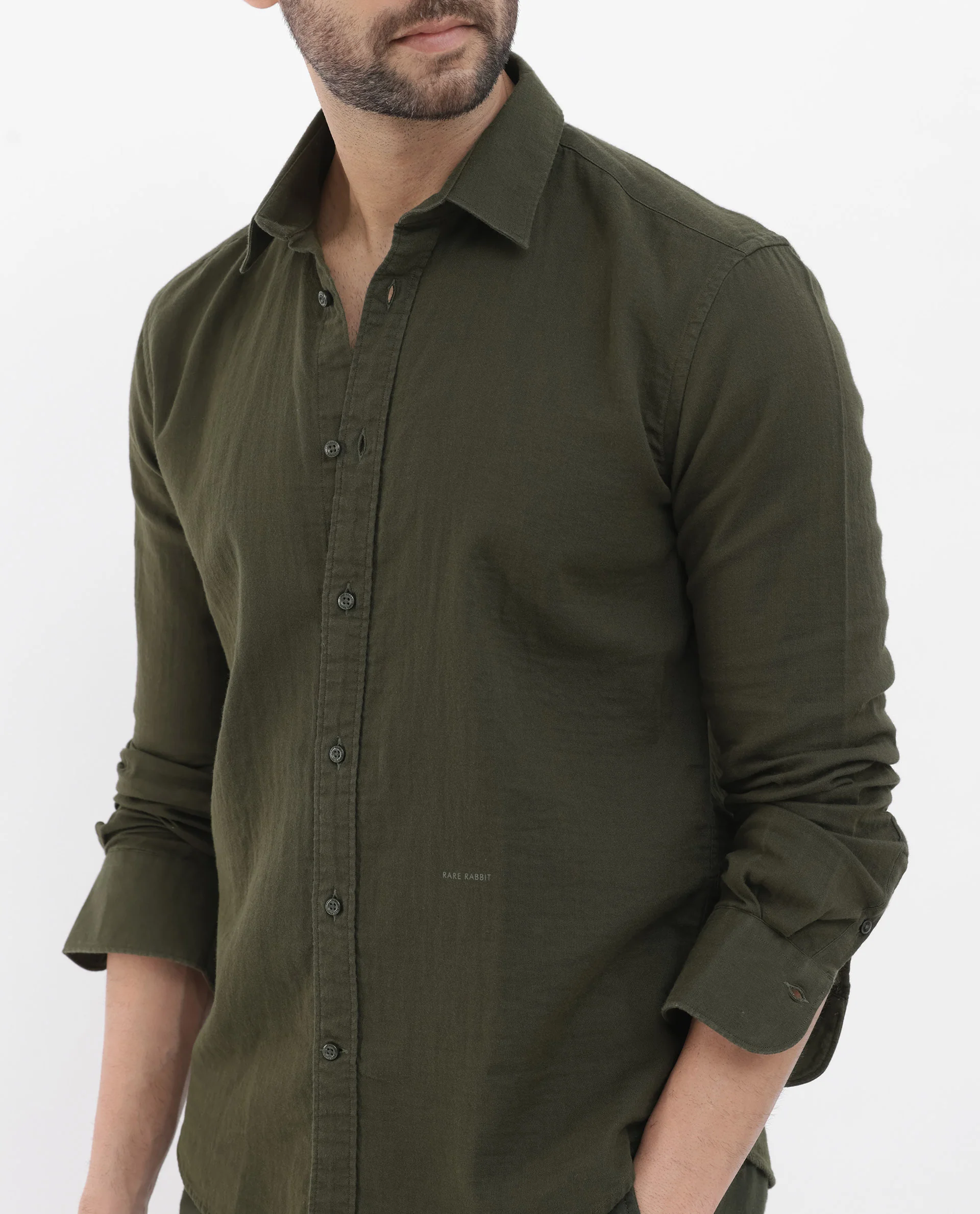 Rare Rabbit Men's Layerr Olive Cotton Plain Regular Fit Full Sleeve Collared Shirt - Image 8