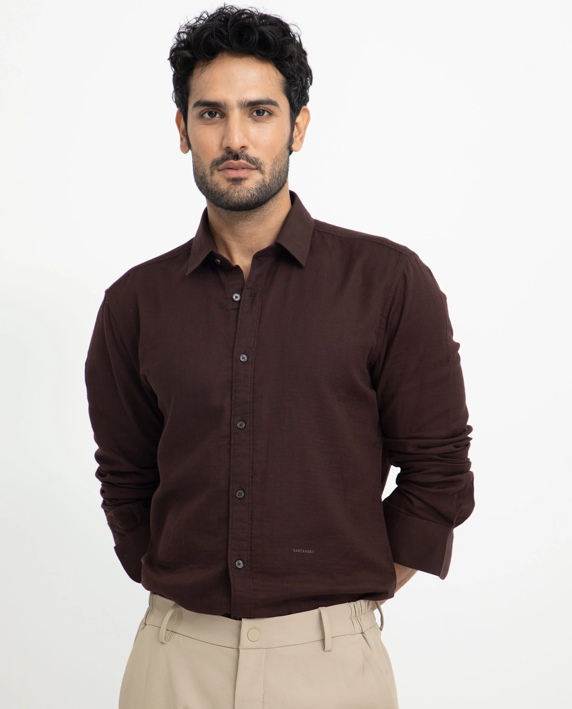 Rare Rabbit Men's Layerrs Dark Brown Cotton Plain Regular Fit Full Sleeve Collared Shirt - Image 9