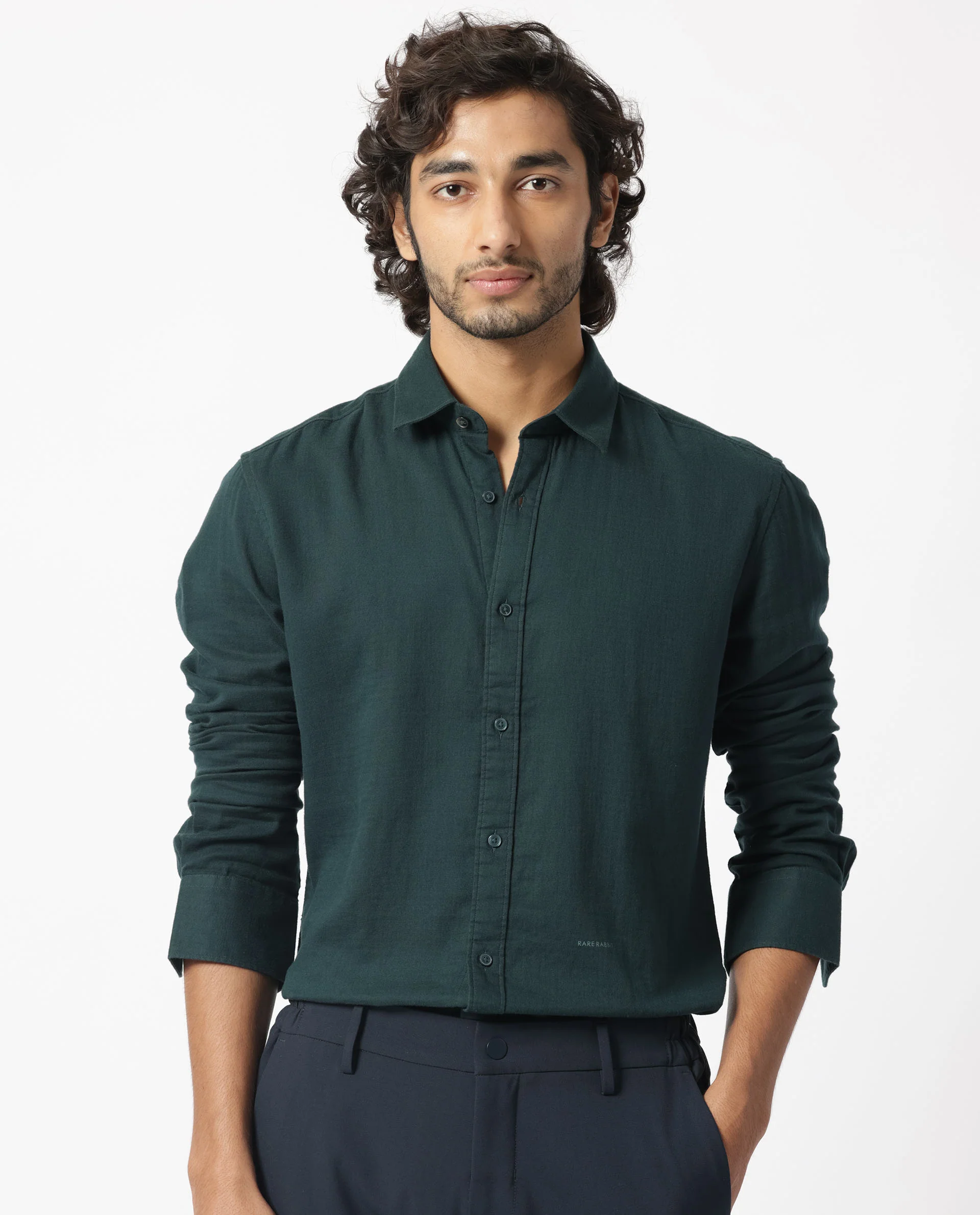 Rare Rabbit Men's Layerrs Dark Green Cotton Plain Regular Fit Full Sleeve Collared Shirt
