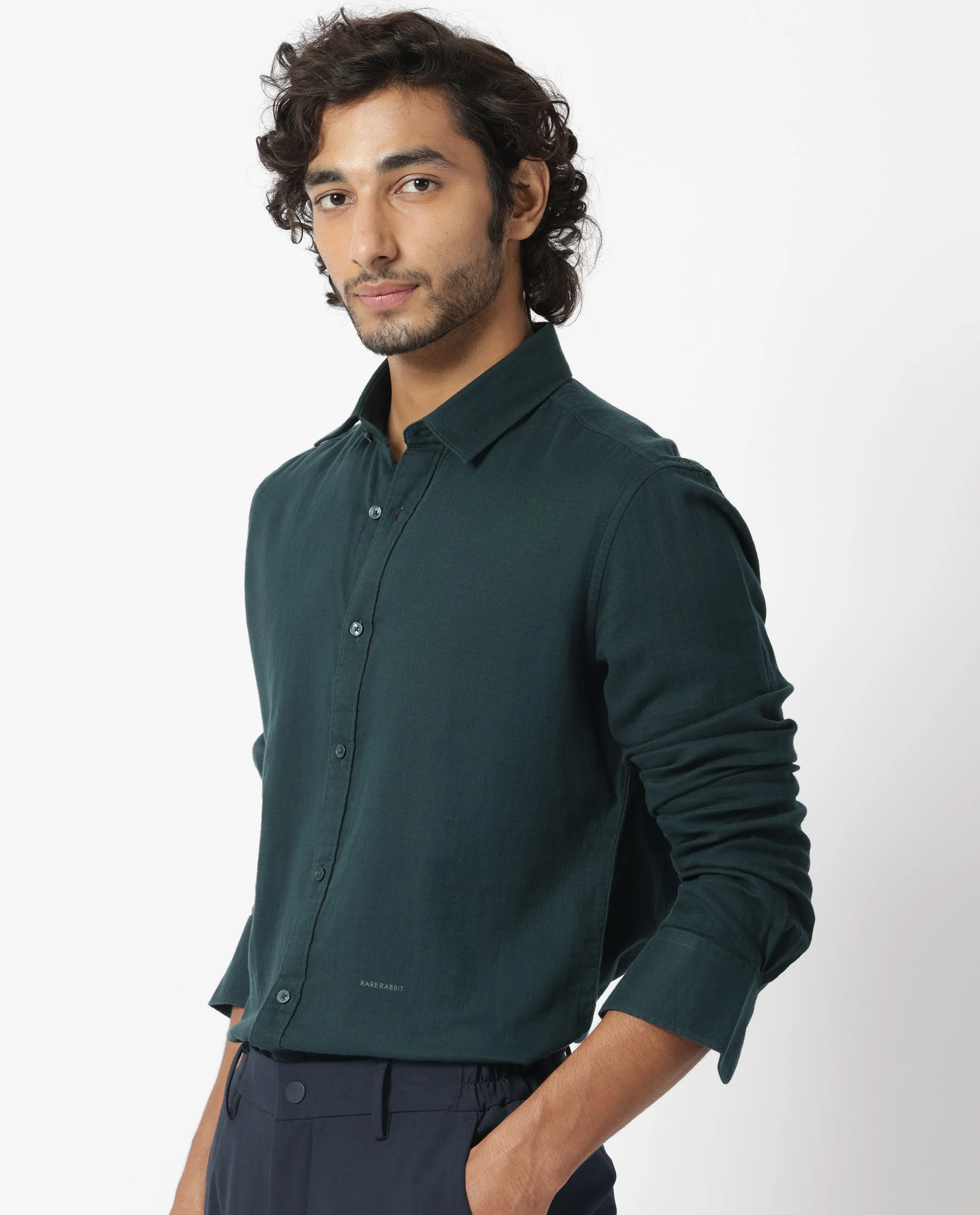 Rare Rabbit Men's Layerrs Dark Green Cotton Plain Regular Fit Full Sleeve Collared Shirt - Image 3