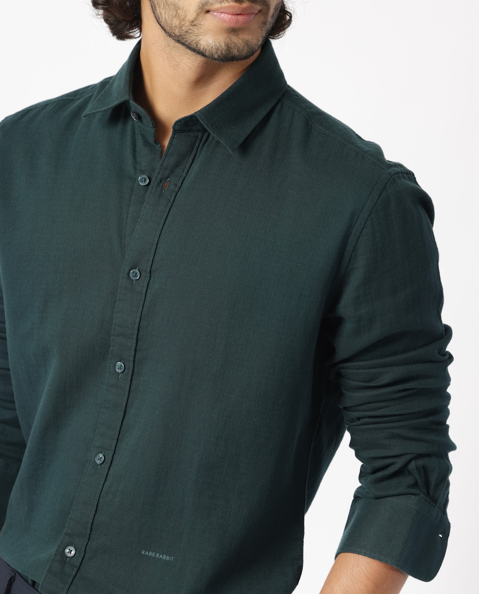 Rare Rabbit Men's Layerrs Dark Green Cotton Plain Regular Fit Full Sleeve Collared Shirt - Image 4