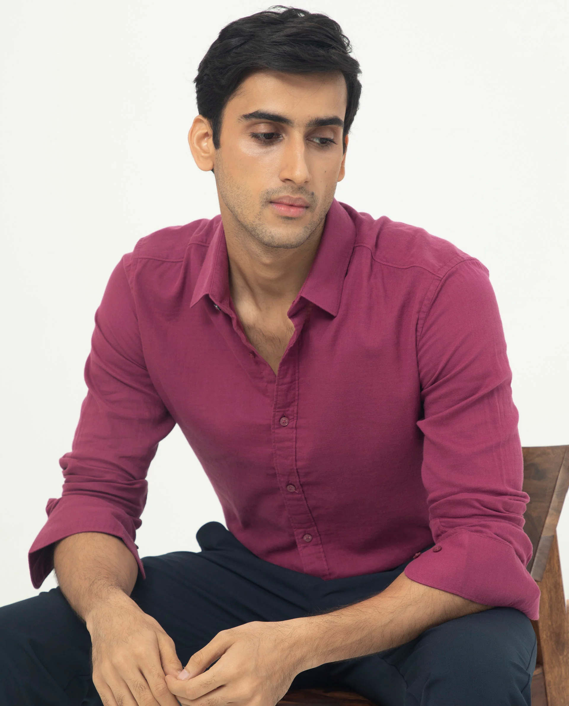Rare Rabbit Men's Layerrs Dark Pink Cotton Plain Regular Fit Full Sleeve Collared Shirt