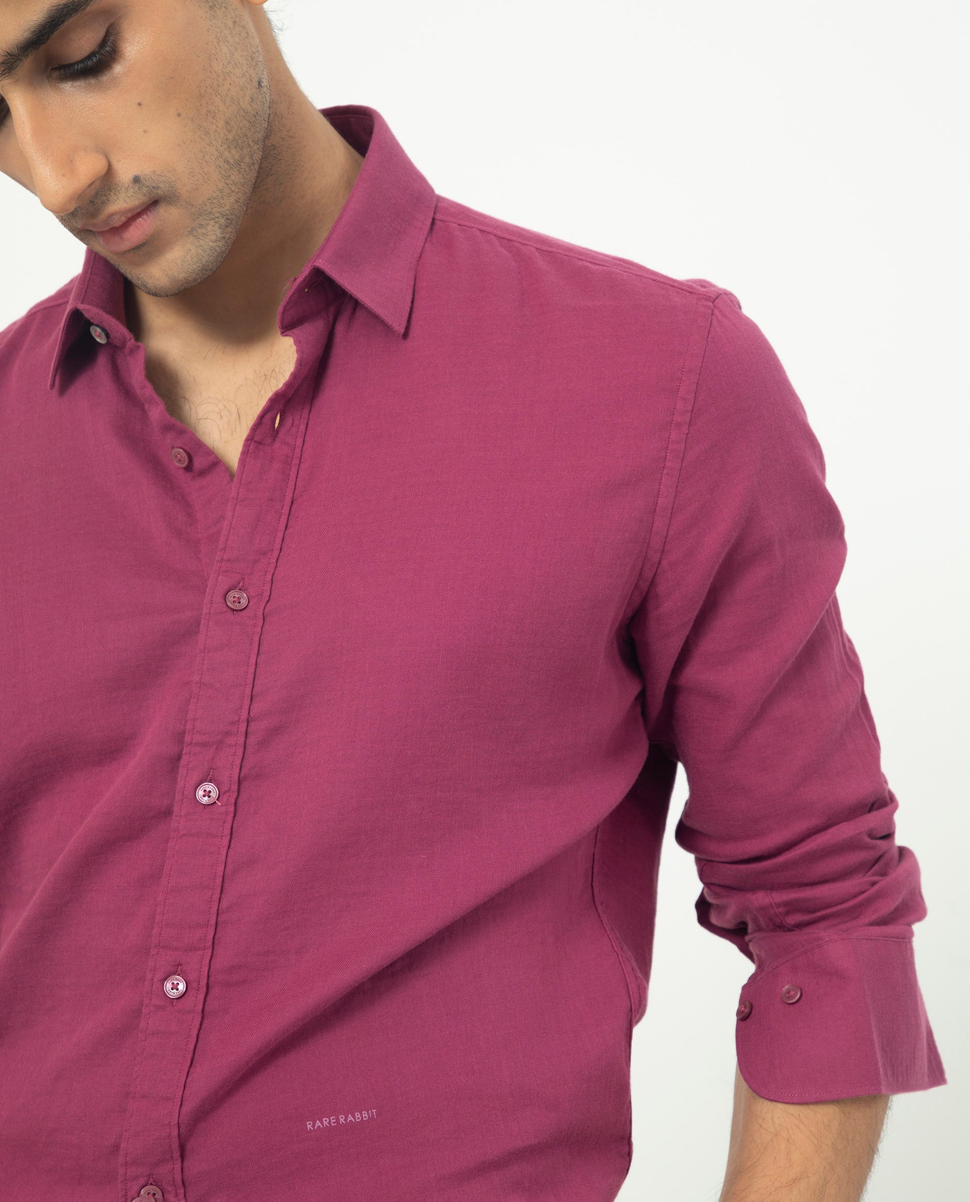Rare Rabbit Men's Layerrs Dark Pink Cotton Plain Regular Fit Full Sleeve Collared Shirt - Image 5