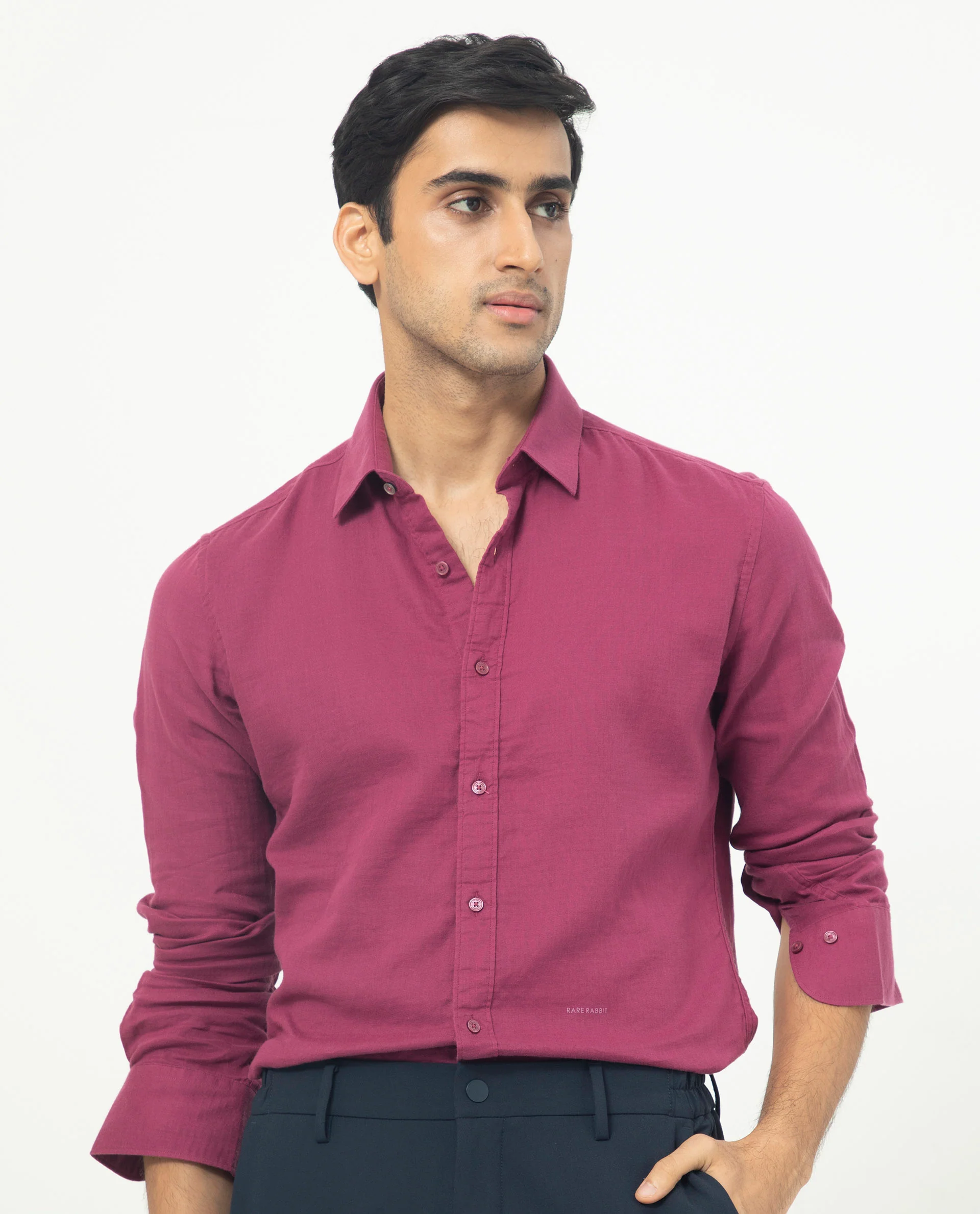 Rare Rabbit Men's Layerrs Dark Pink Cotton Plain Regular Fit Full Sleeve Collared Shirt - Image 6