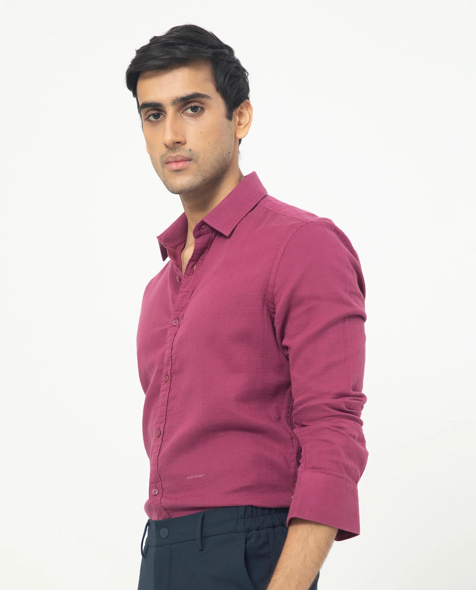 Rare Rabbit Men's Layerrs Dark Pink Cotton Plain Regular Fit Full Sleeve Collared Shirt - Image 7