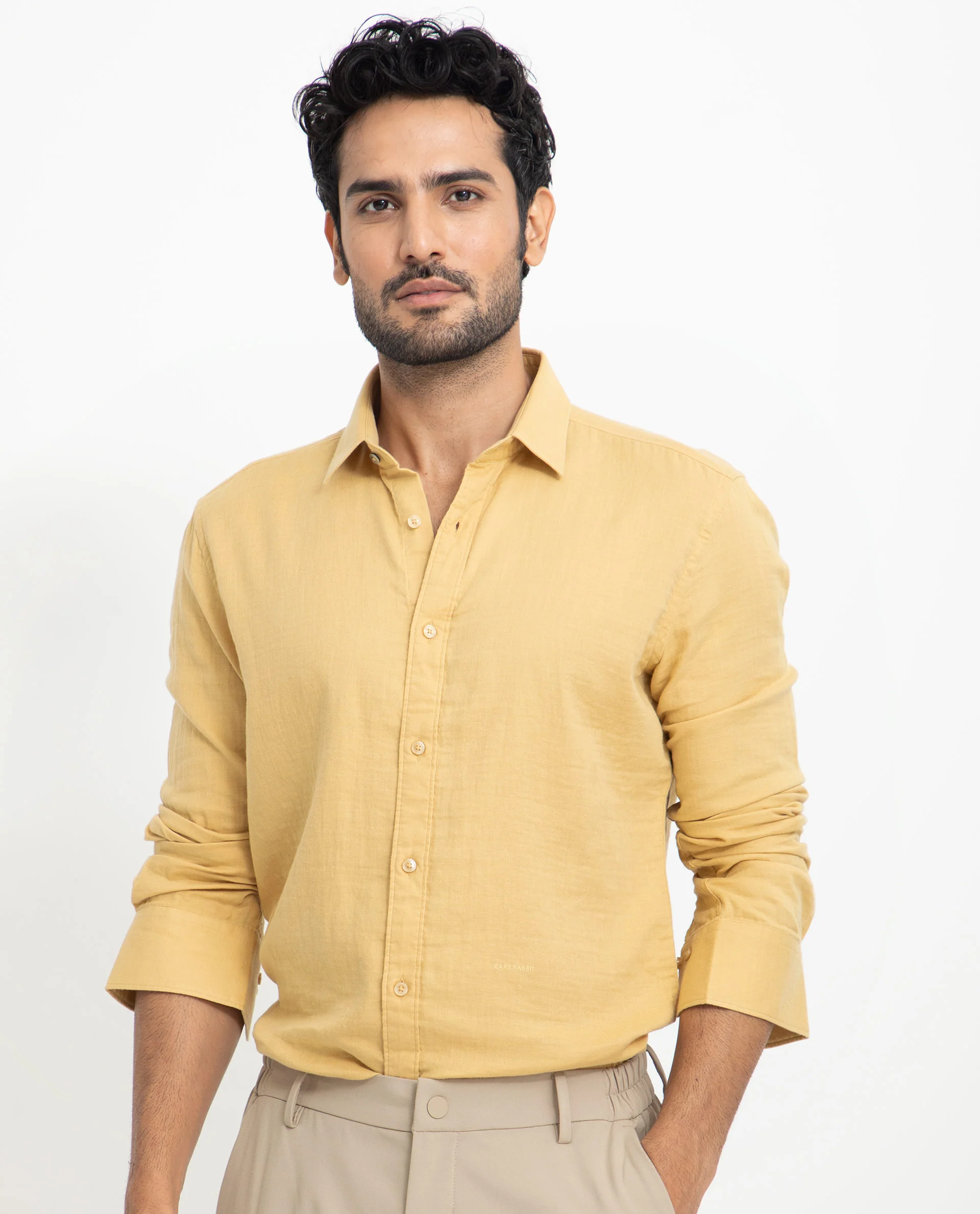 Rare Rabbit Men's Layerrs Yellow Cotton Plain Regular Fit Full Sleeve Collared Shirt - Image 3