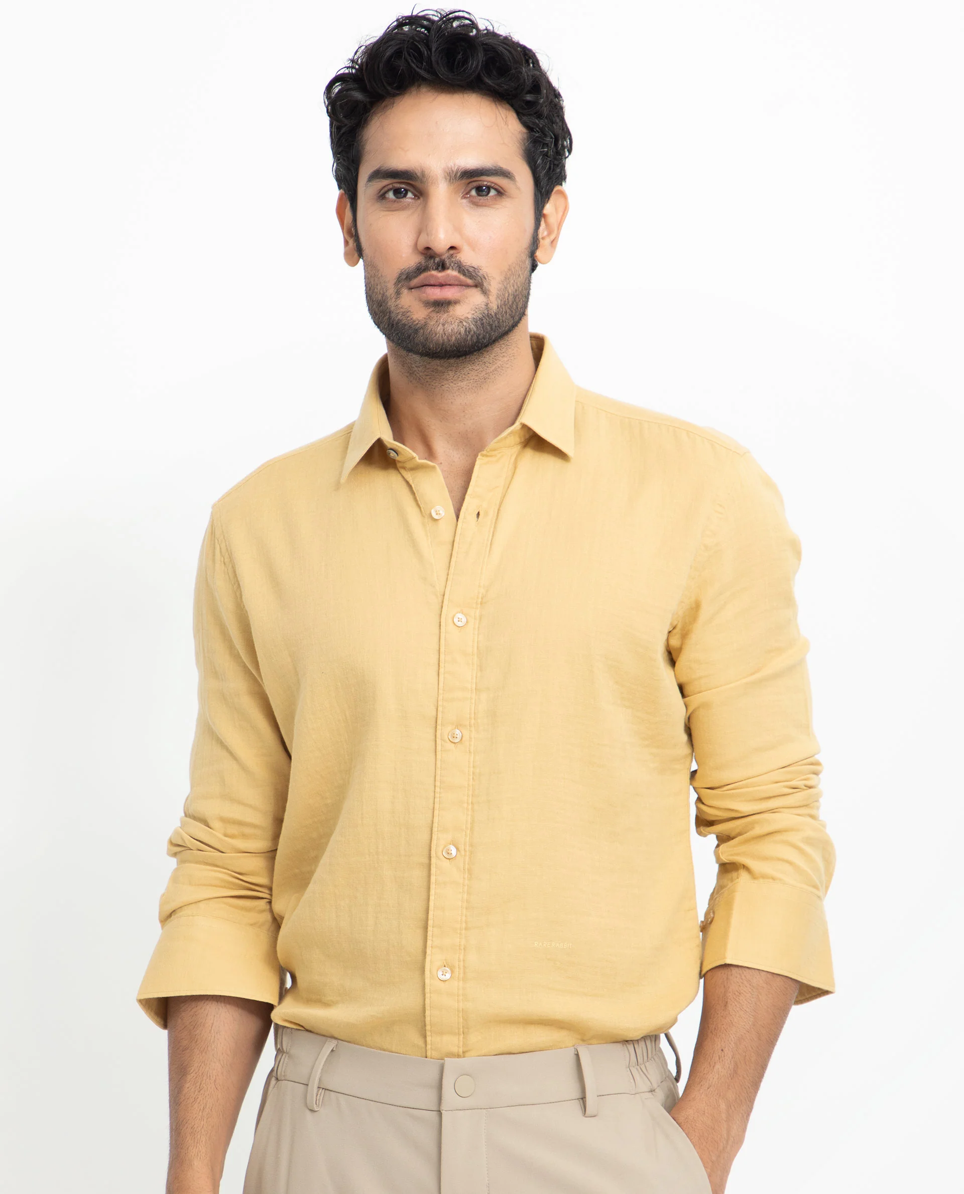 Rare Rabbit Men's Layerrs Yellow Cotton Plain Regular Fit Full Sleeve Collared Shirt - Image 6