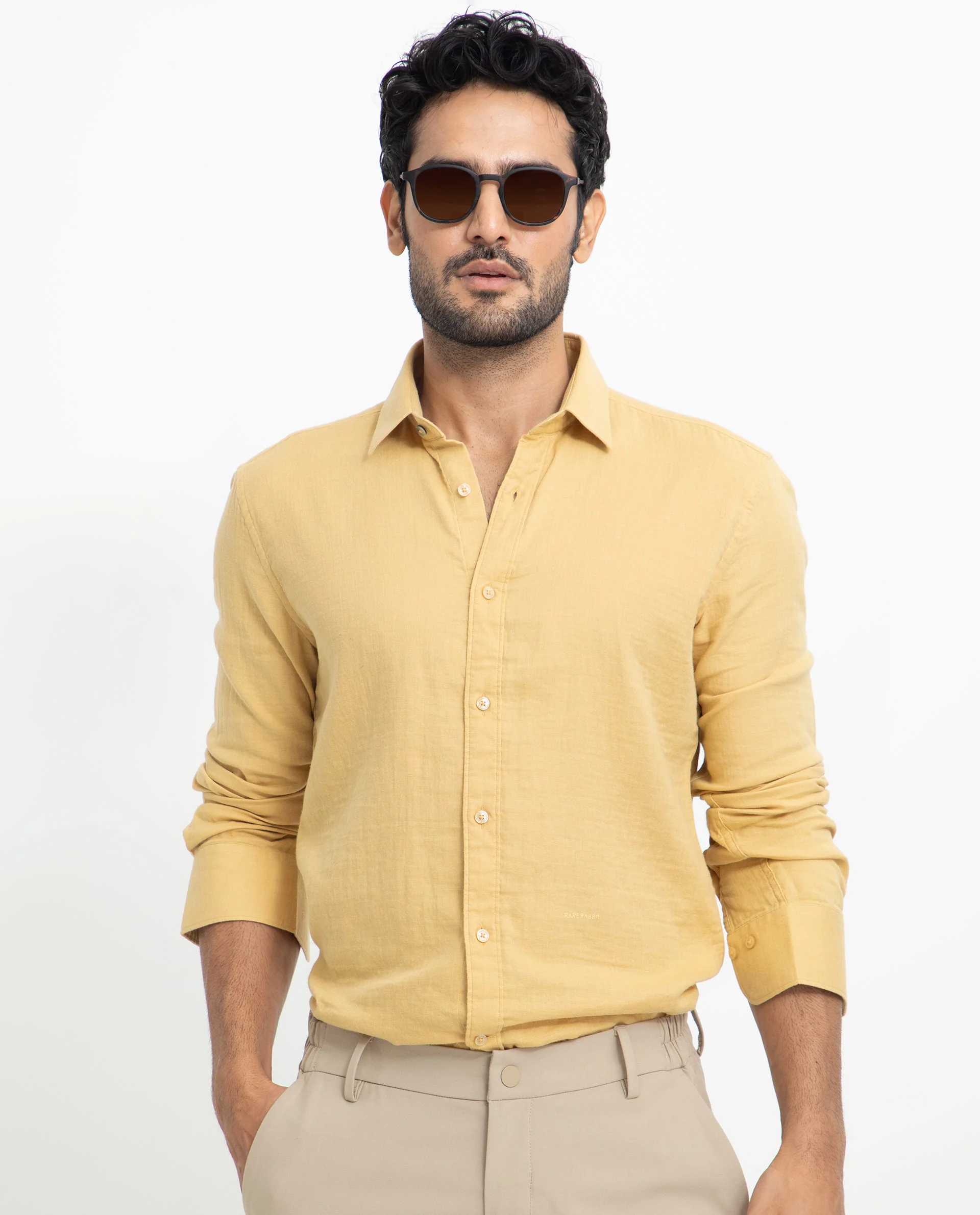 Rare Rabbit Men's Layerrs Yellow Cotton Plain Regular Fit Full Sleeve Collared Shirt - Image 9