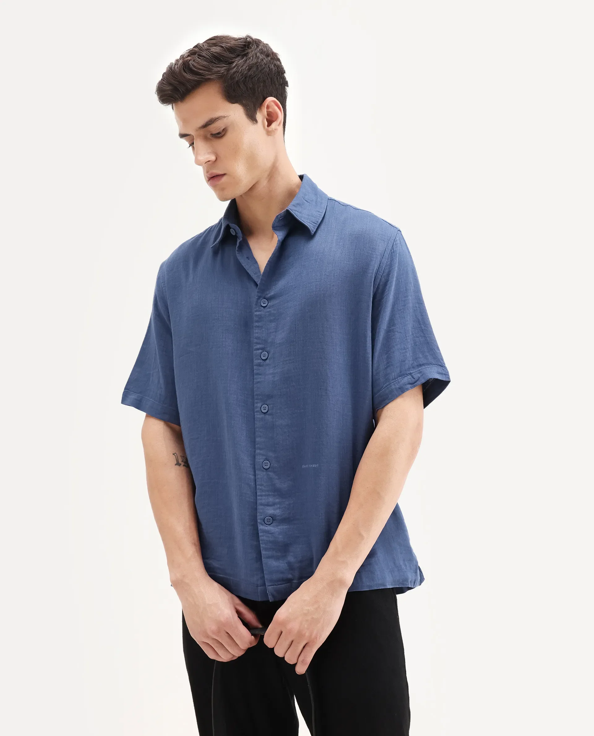 Rare Rabbit Men's Layerr Ss-25 Dark Blue Cotton Blend Plain Boxy Fit Full Sleeve Collared Shirt