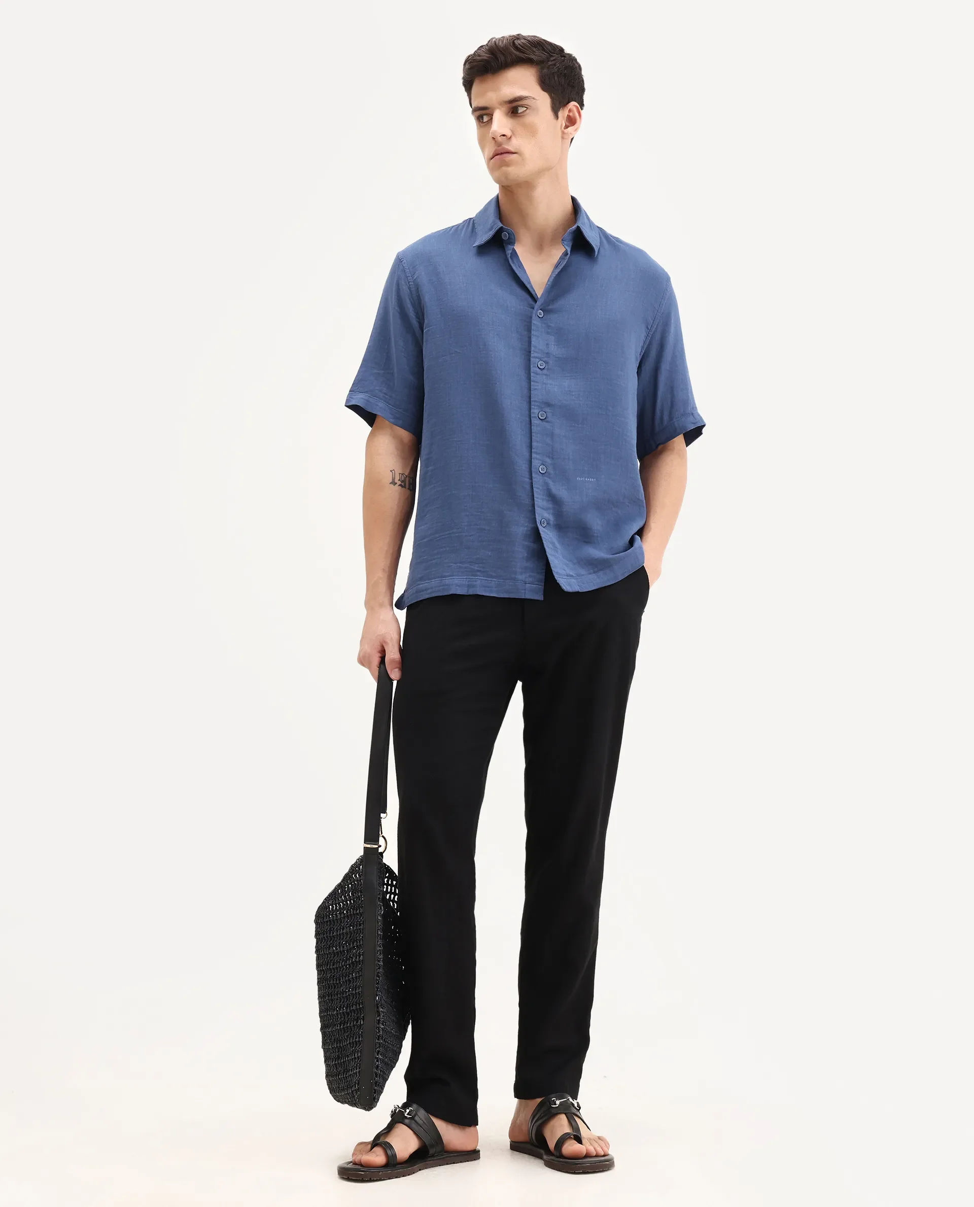 Rare Rabbit Men's Layerr Ss-25 Dark Blue Cotton Blend Plain Boxy Fit Full Sleeve Collared Shirt - Image 2