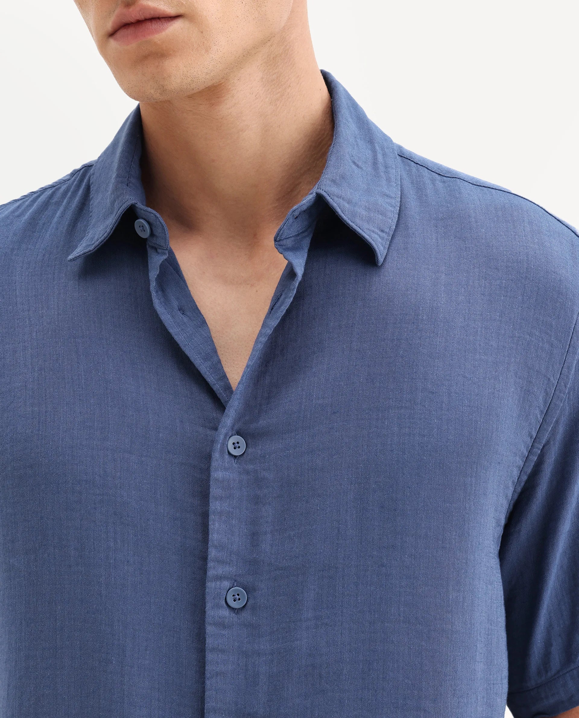 Rare Rabbit Men's Layerr Ss-25 Dark Blue Cotton Blend Plain Boxy Fit Full Sleeve Collared Shirt - Image 3