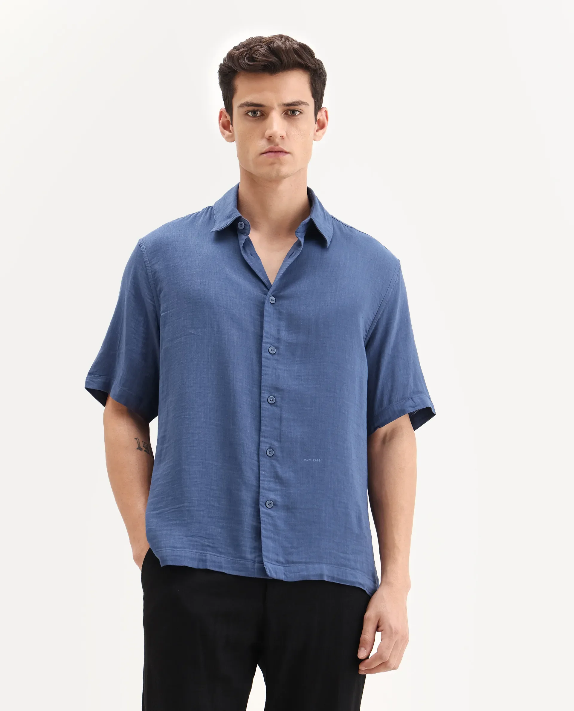 Rare Rabbit Men's Layerr Ss-25 Dark Blue Cotton Blend Plain Boxy Fit Full Sleeve Collared Shirt - Image 4