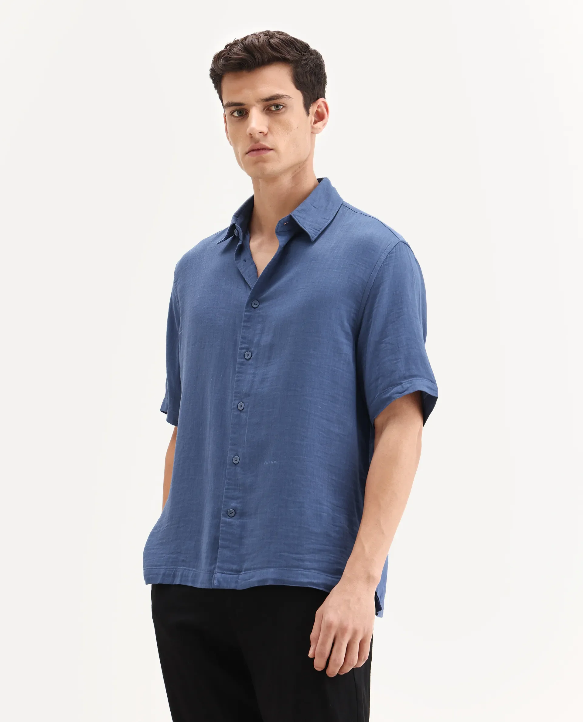 Rare Rabbit Men's Layerr Ss-25 Dark Blue Cotton Blend Plain Boxy Fit Full Sleeve Collared Shirt - Image 5
