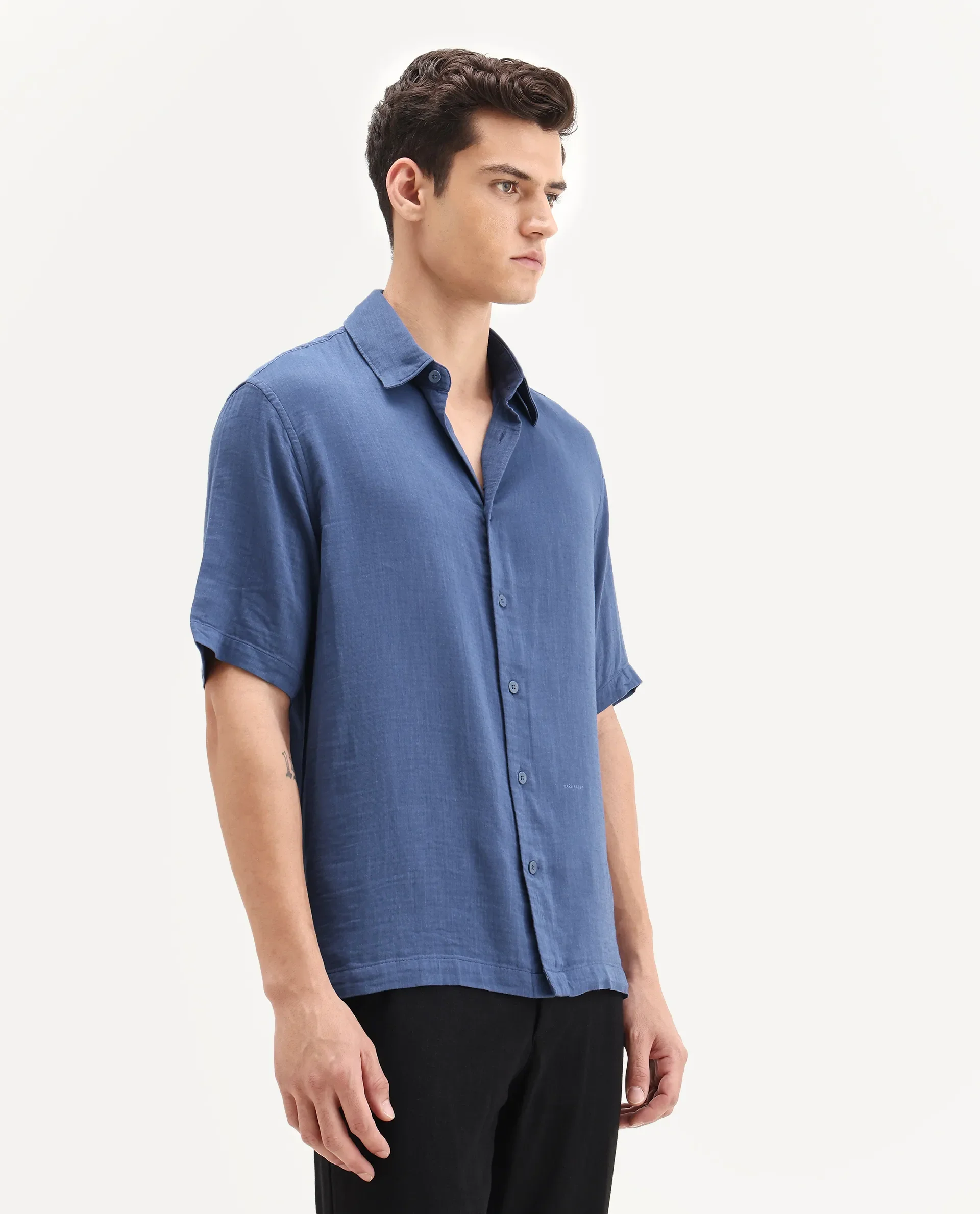 Rare Rabbit Men's Layerr Ss-25 Dark Blue Cotton Blend Plain Boxy Fit Full Sleeve Collared Shirt - Image 6