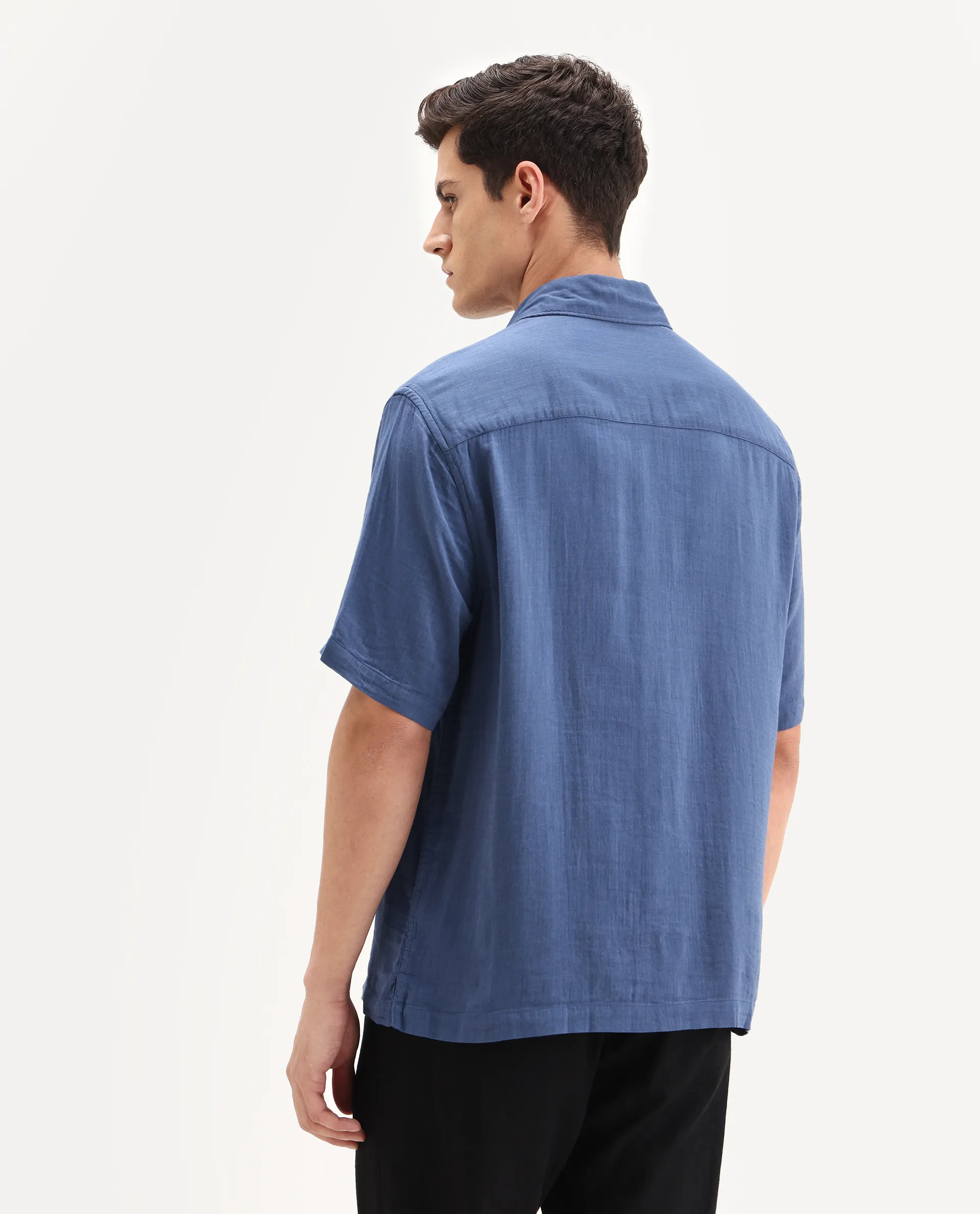 Rare Rabbit Men's Layerr Ss-25 Dark Blue Cotton Blend Plain Boxy Fit Full Sleeve Collared Shirt - Image 8