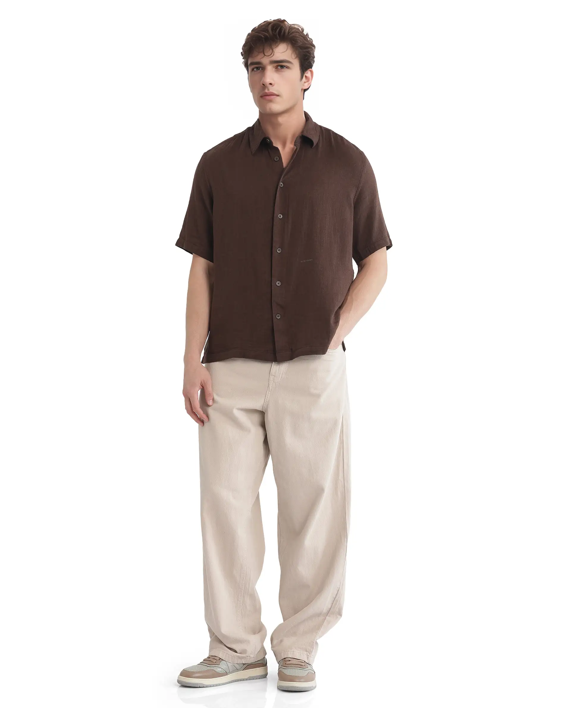 Rare Rabbit Men's Layerr Ss-25 Dark Brown Cotton Blend Plain Boxy Fit Half Sleeve Collared Shirt - Image 2