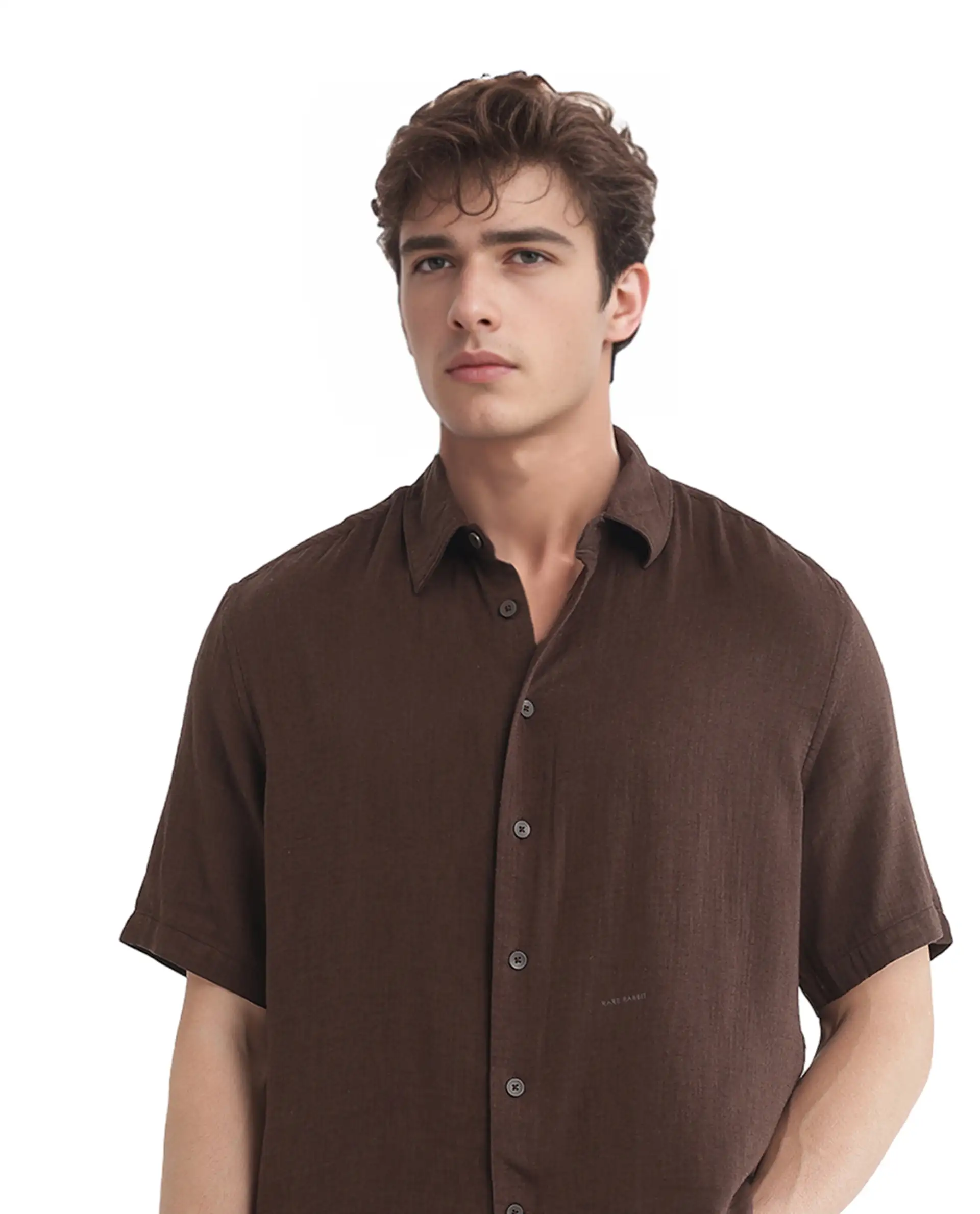 Rare Rabbit Men's Layerr Ss-25 Dark Brown Cotton Blend Plain Boxy Fit Half Sleeve Collared Shirt - Image 3