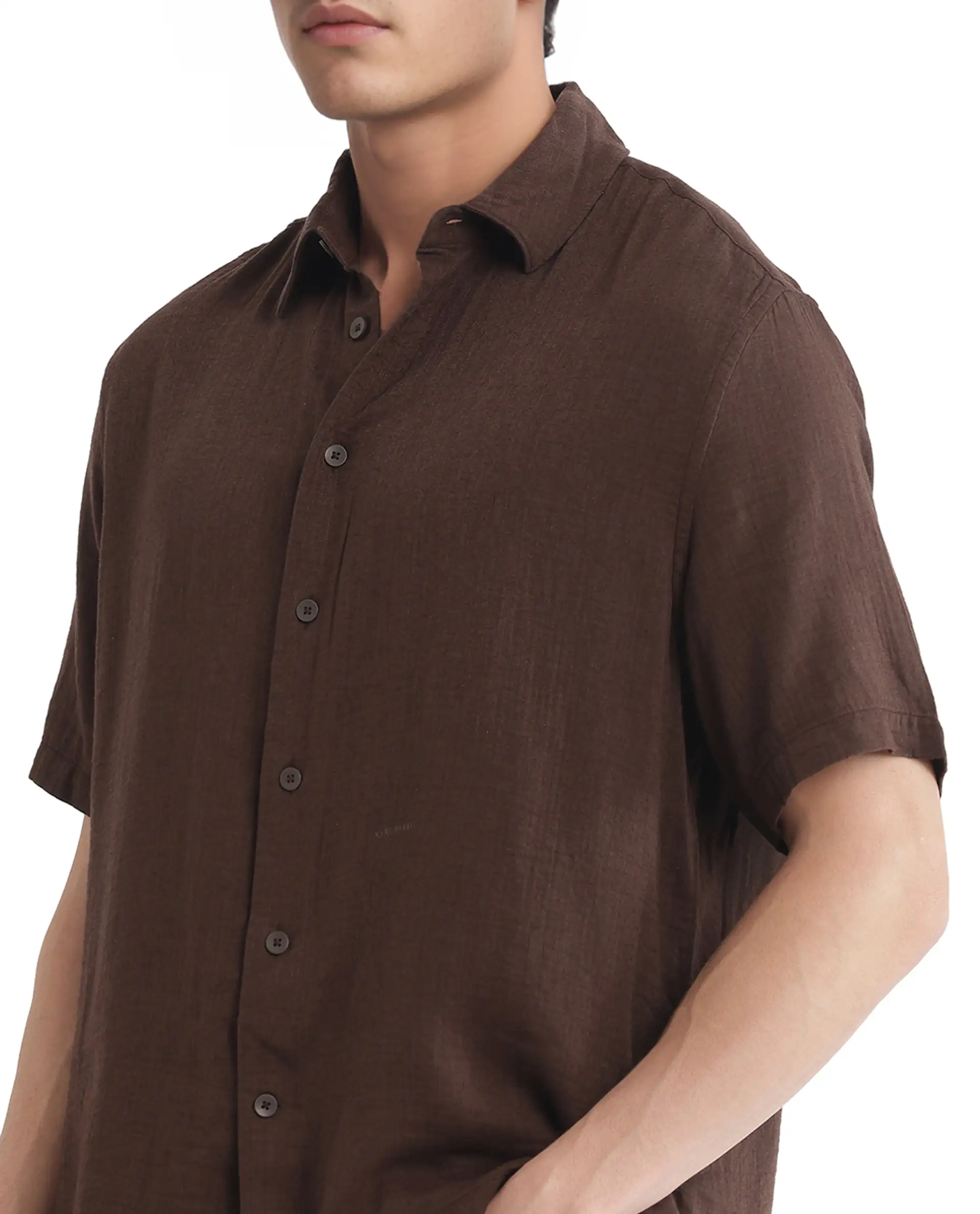 Rare Rabbit Men's Layerr Ss-25 Dark Brown Cotton Blend Plain Boxy Fit Half Sleeve Collared Shirt - Image 4