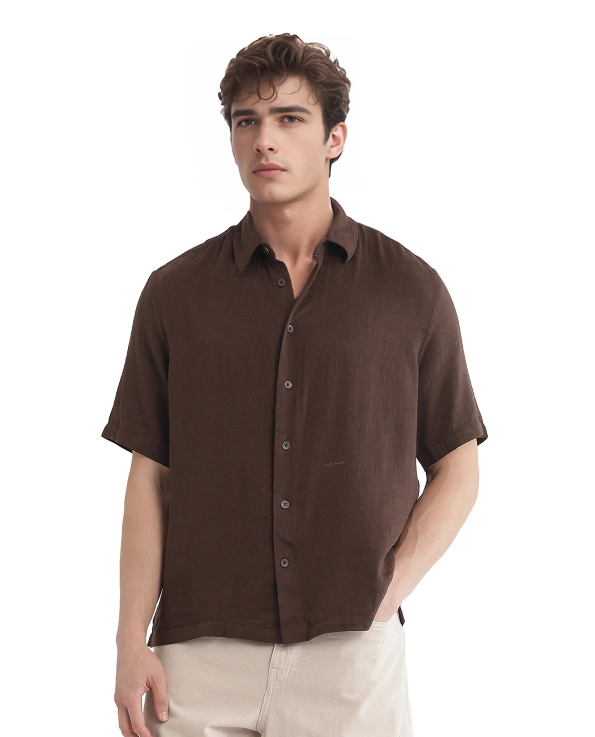 Rare Rabbit Men's Layerr Ss-25 Dark Brown Cotton Blend Plain Boxy Fit Half Sleeve Collared Shirt - Image 5