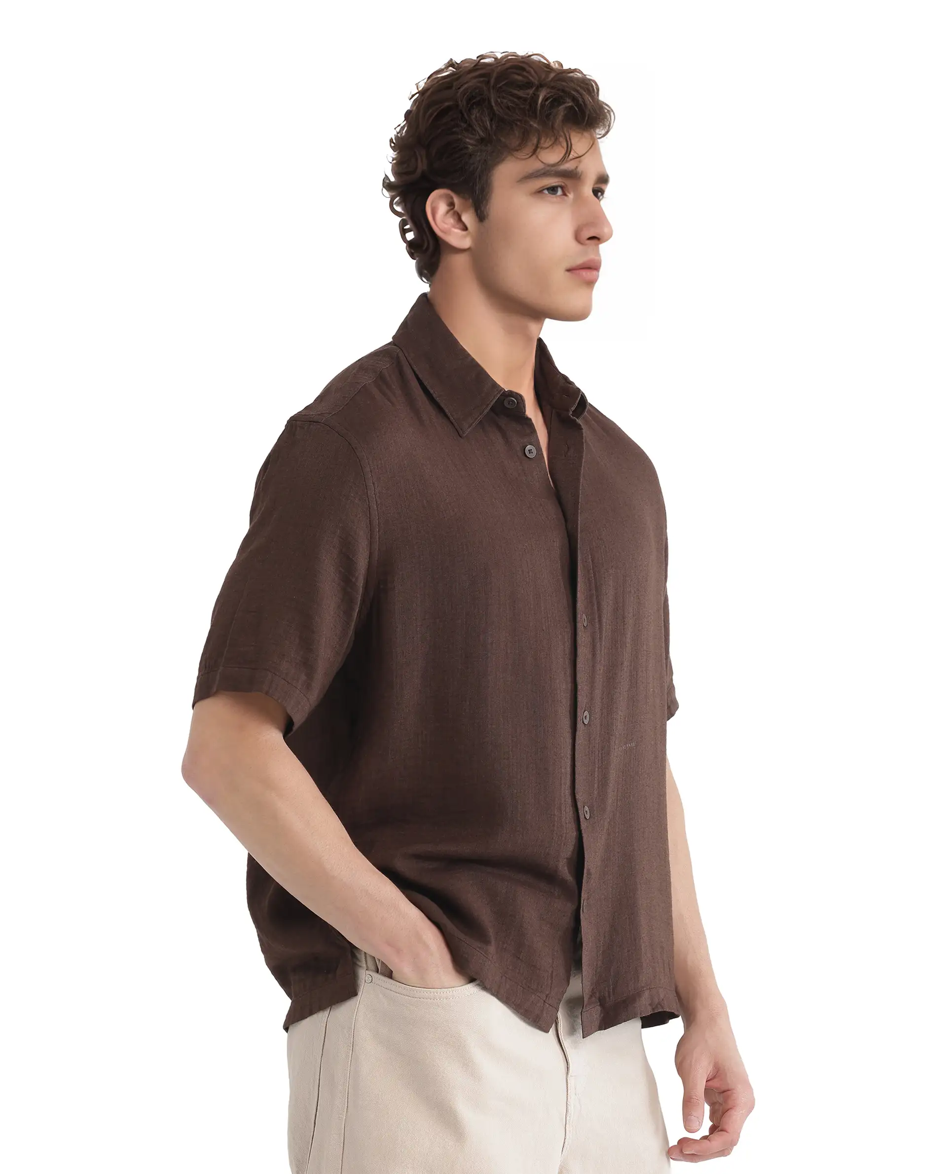 Rare Rabbit Men's Layerr Ss-25 Dark Brown Cotton Blend Plain Boxy Fit Half Sleeve Collared Shirt - Image 6