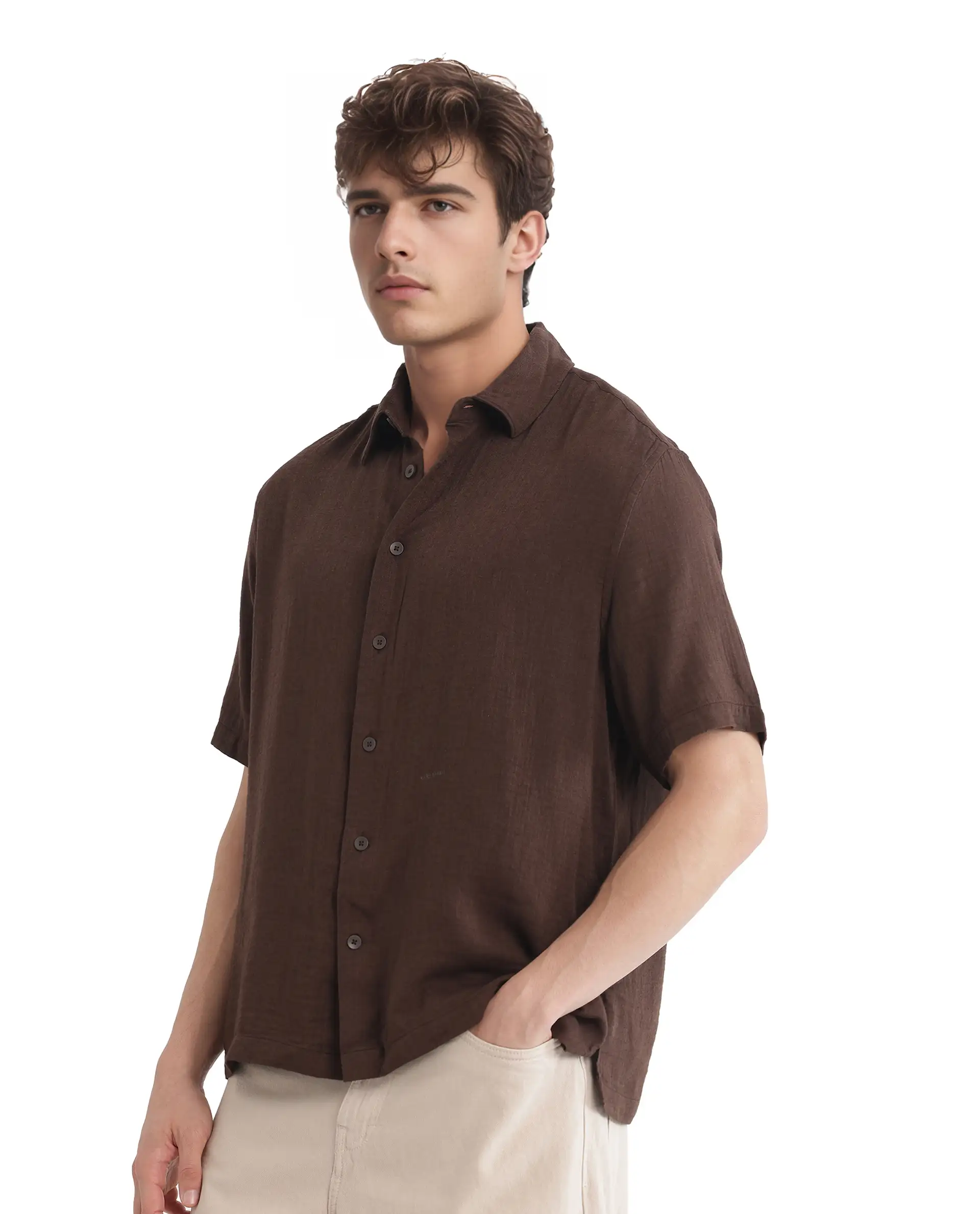 Rare Rabbit Men's Layerr Ss-25 Dark Brown Cotton Blend Plain Boxy Fit Half Sleeve Collared Shirt - Image 7