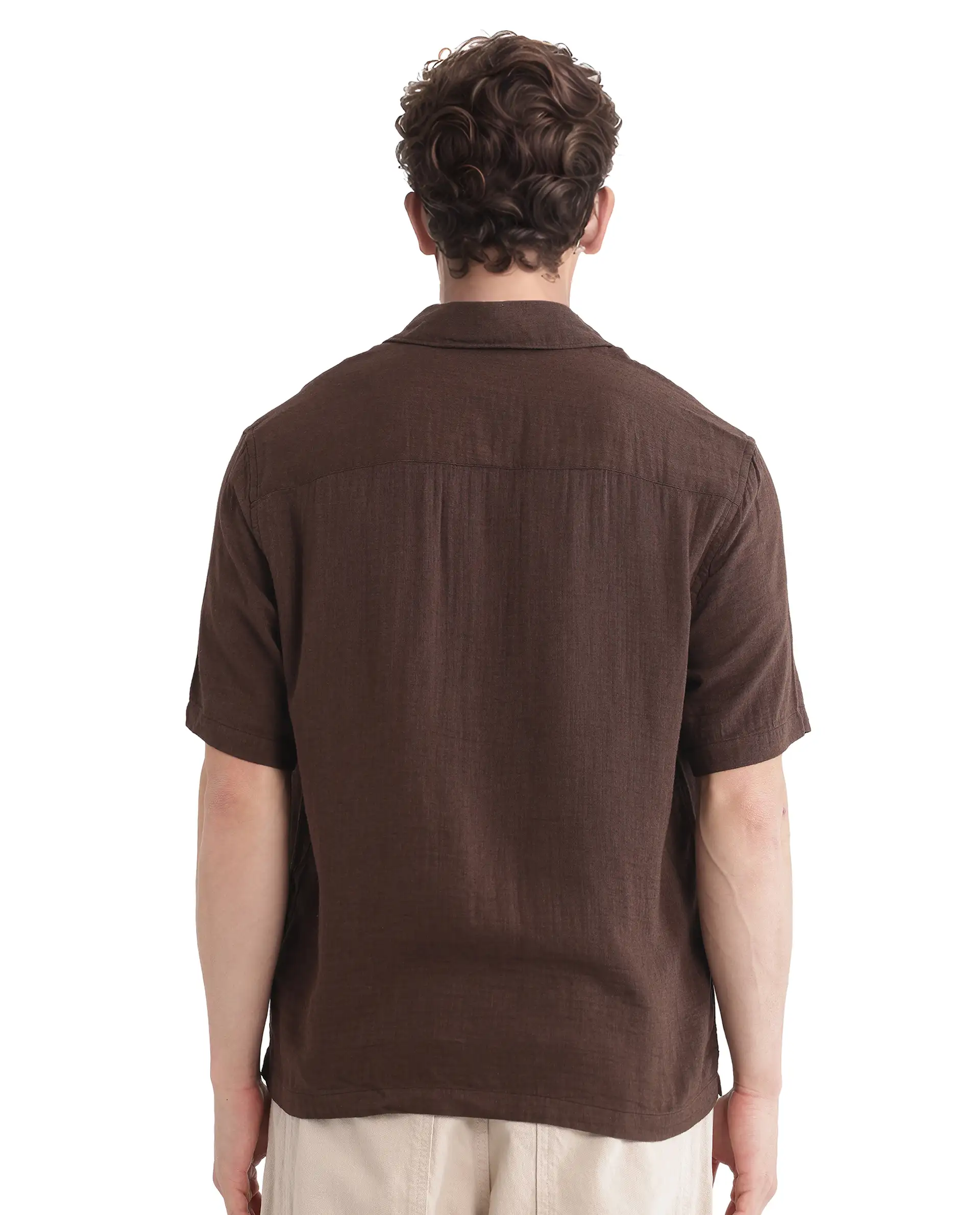 Rare Rabbit Men's Layerr Ss-25 Dark Brown Cotton Blend Plain Boxy Fit Half Sleeve Collared Shirt - Image 8