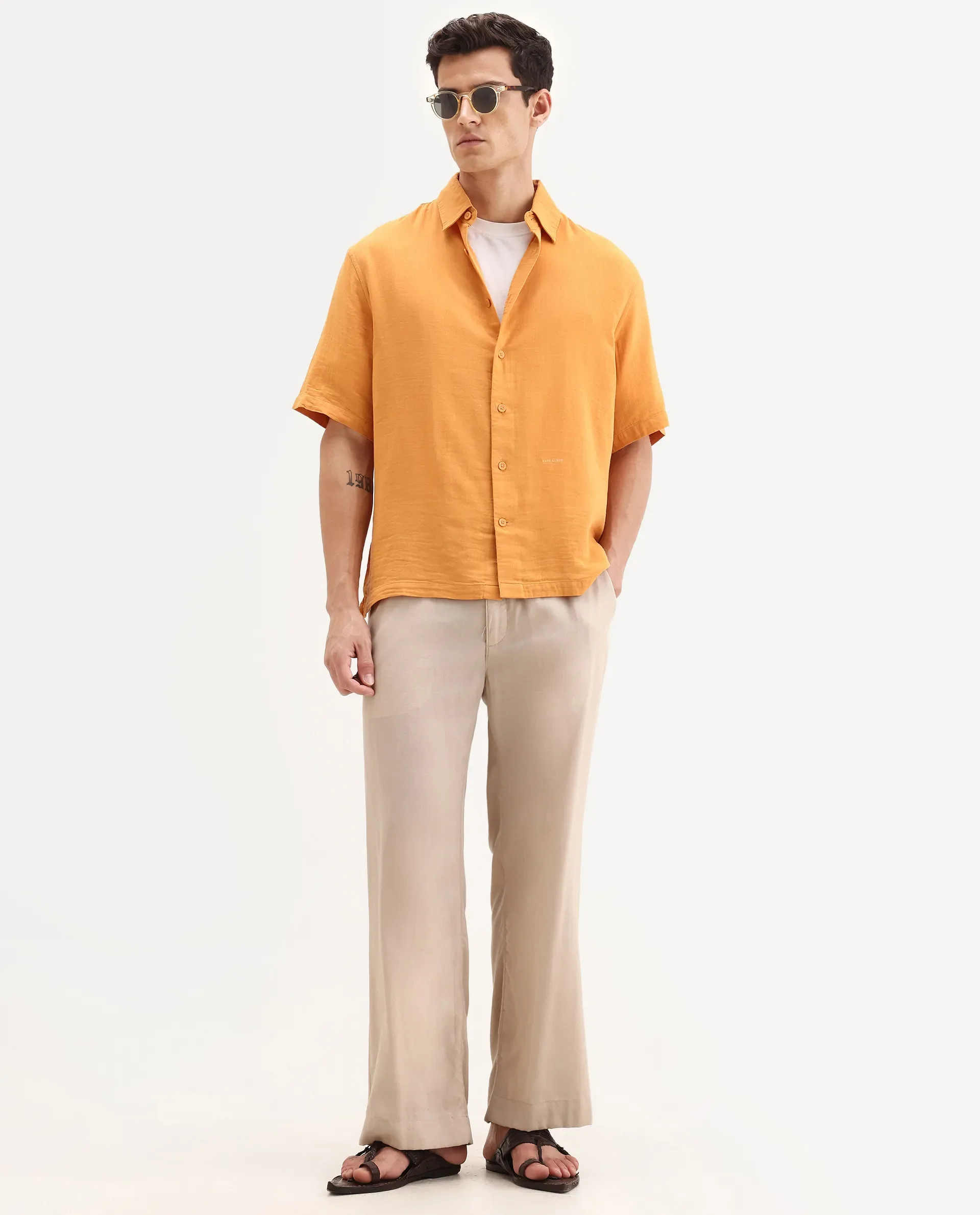 Rare Rabbit Men's Layerr Ss-25 Dark Yellow Cotton Blend Plain Boxy Fit Half Sleeve Collared Shirt - Image 2