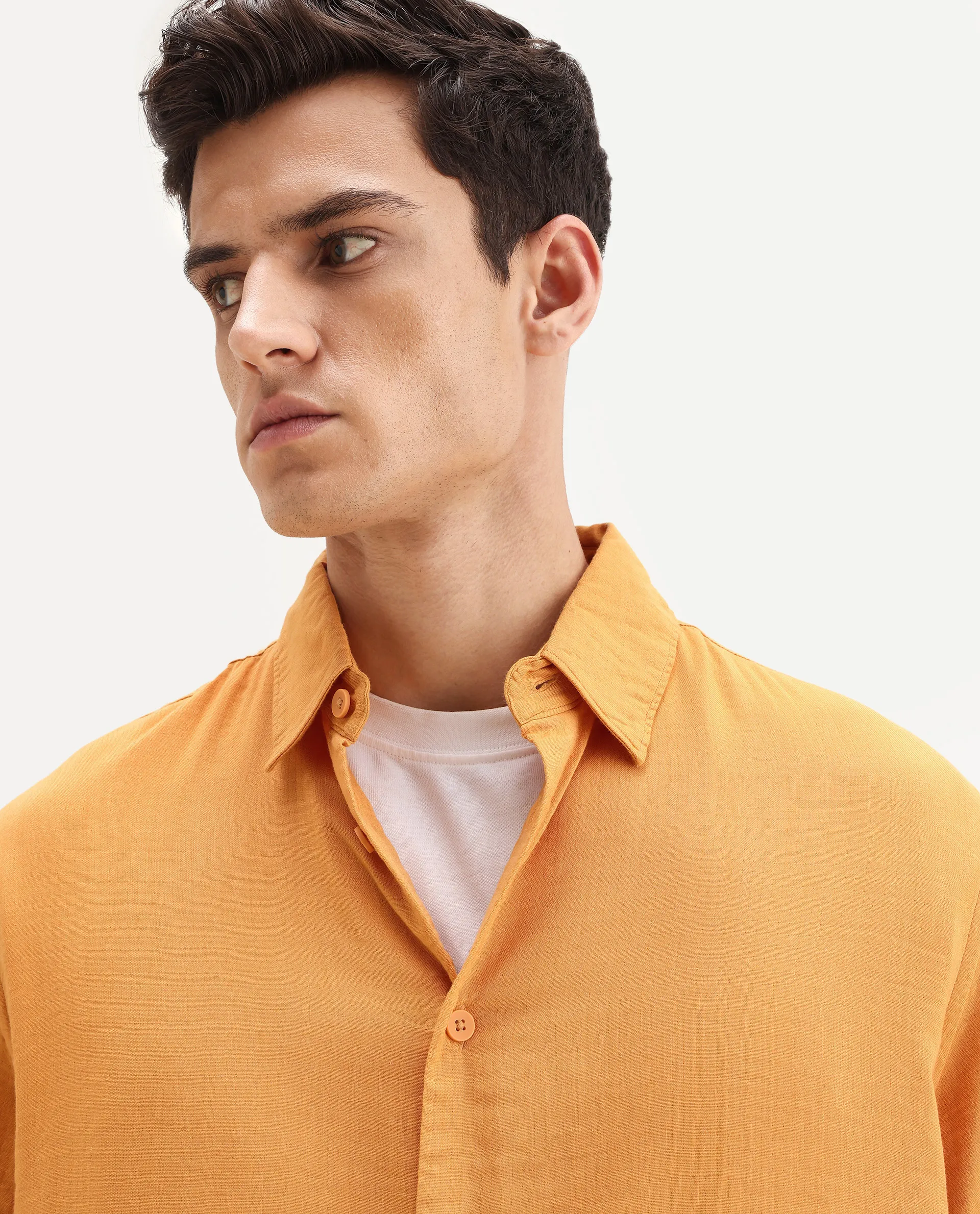 Rare Rabbit Men's Layerr Ss-25 Dark Yellow Cotton Blend Plain Boxy Fit Half Sleeve Collared Shirt - Image 3