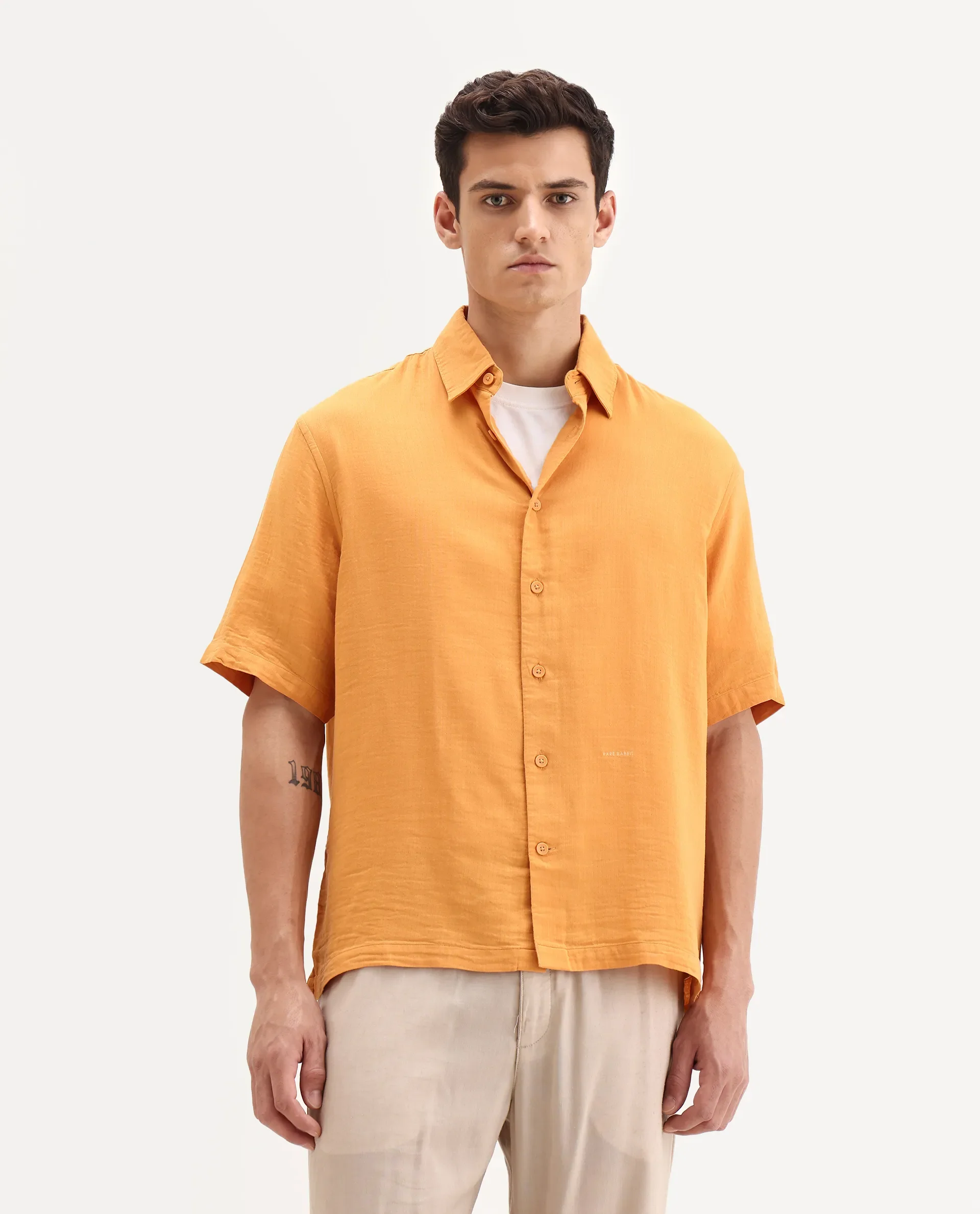 Rare Rabbit Men's Layerr Ss-25 Dark Yellow Cotton Blend Plain Boxy Fit Half Sleeve Collared Shirt - Image 4