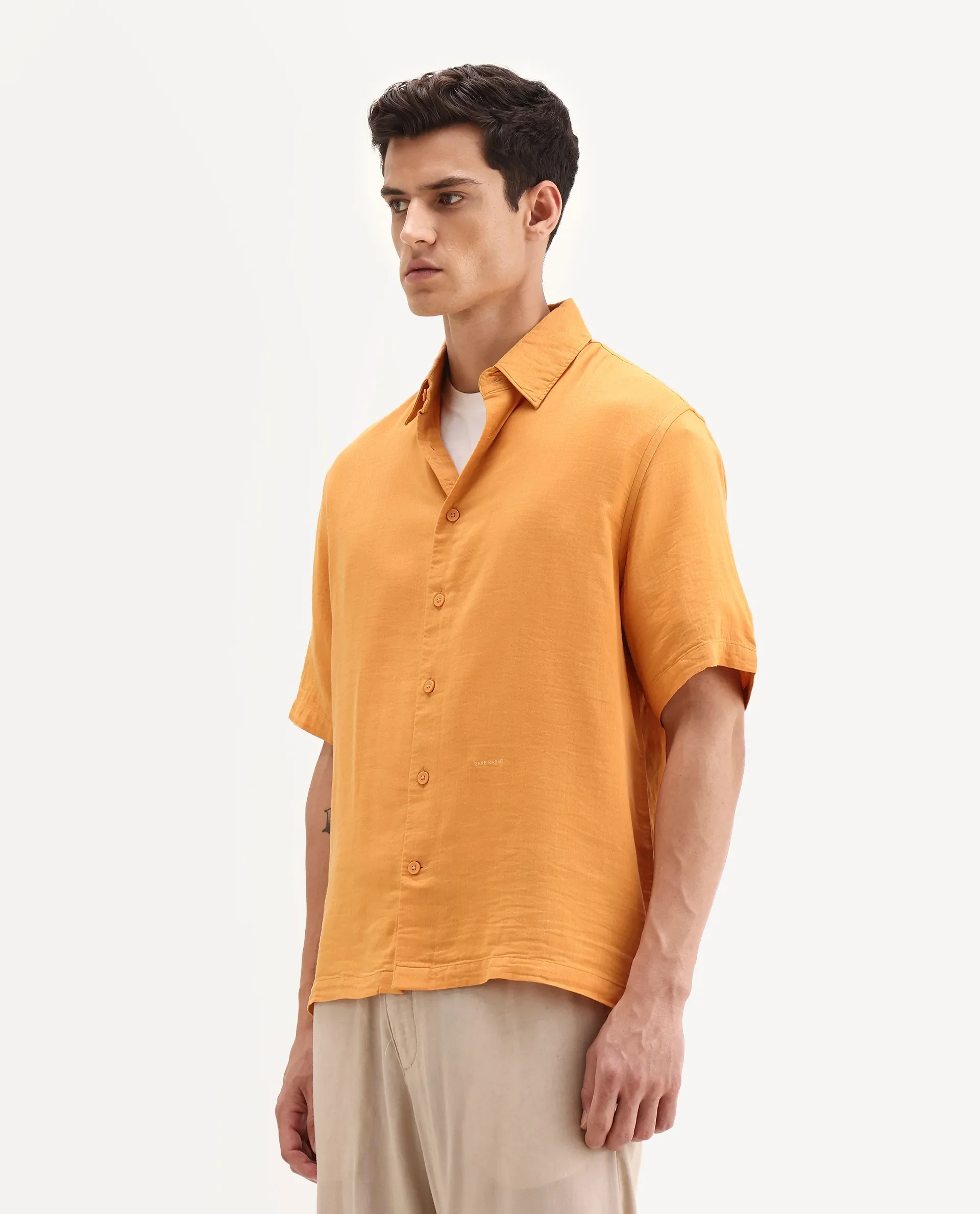 Rare Rabbit Men's Layerr Ss-25 Dark Yellow Cotton Blend Plain Boxy Fit Half Sleeve Collared Shirt - Image 5