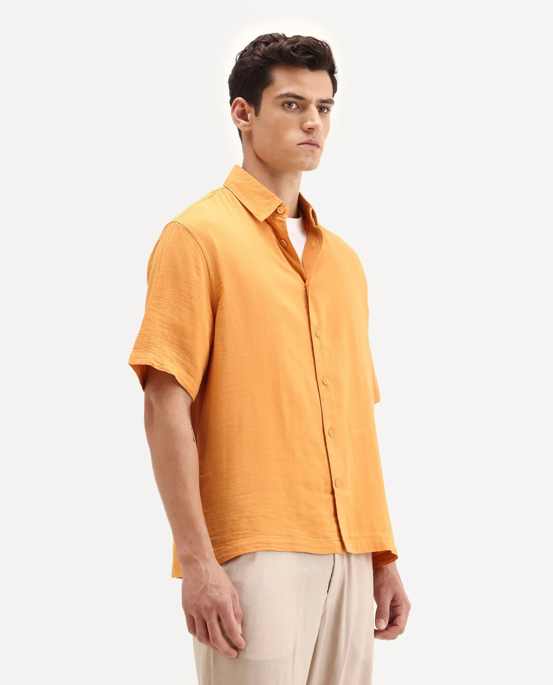 Rare Rabbit Men's Layerr Ss-25 Dark Yellow Cotton Blend Plain Boxy Fit Half Sleeve Collared Shirt - Image 6