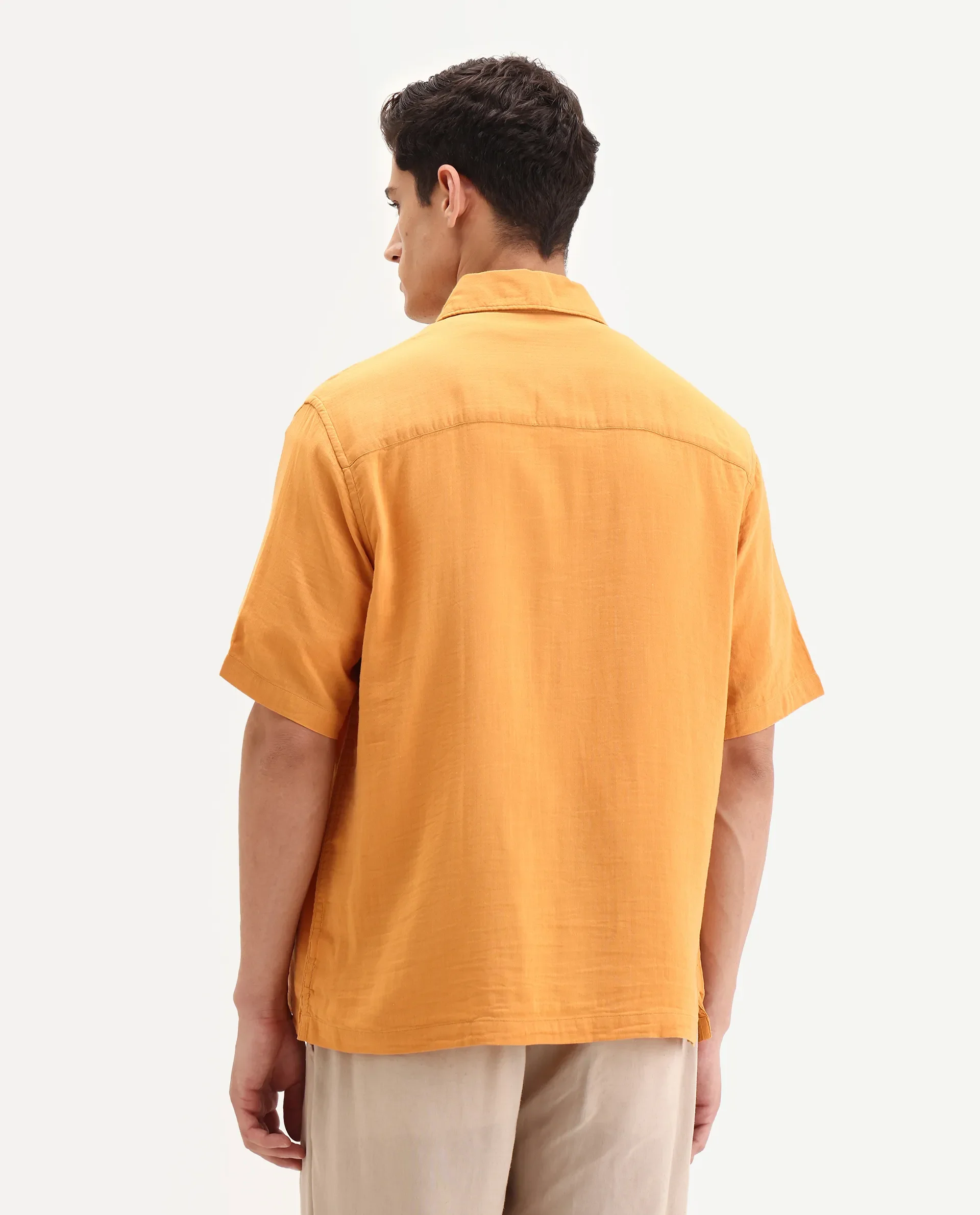 Rare Rabbit Men's Layerr Ss-25 Dark Yellow Cotton Blend Plain Boxy Fit Half Sleeve Collared Shirt - Image 8