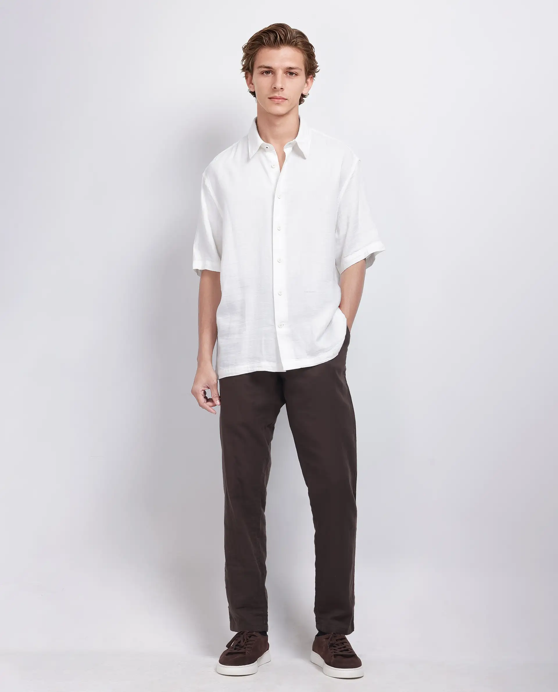 Rare Rabbit Men's Layerr Ss-25 White Cotton Blend Plain Boxy Fit Half Sleeve Collared Shirt - Image 3
