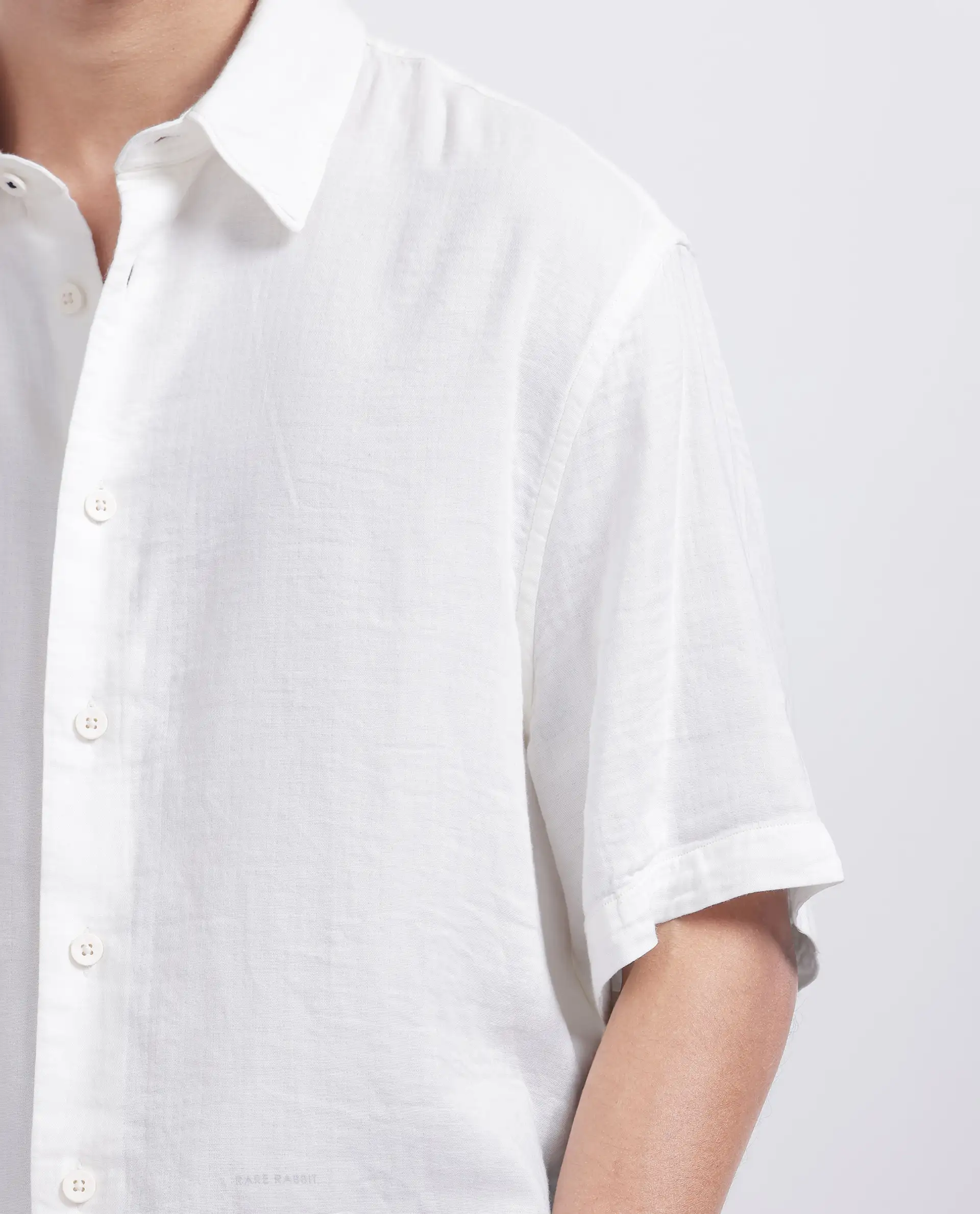 Rare Rabbit Men's Layerr Ss-25 White Cotton Blend Plain Boxy Fit Half Sleeve Collared Shirt - Image 4